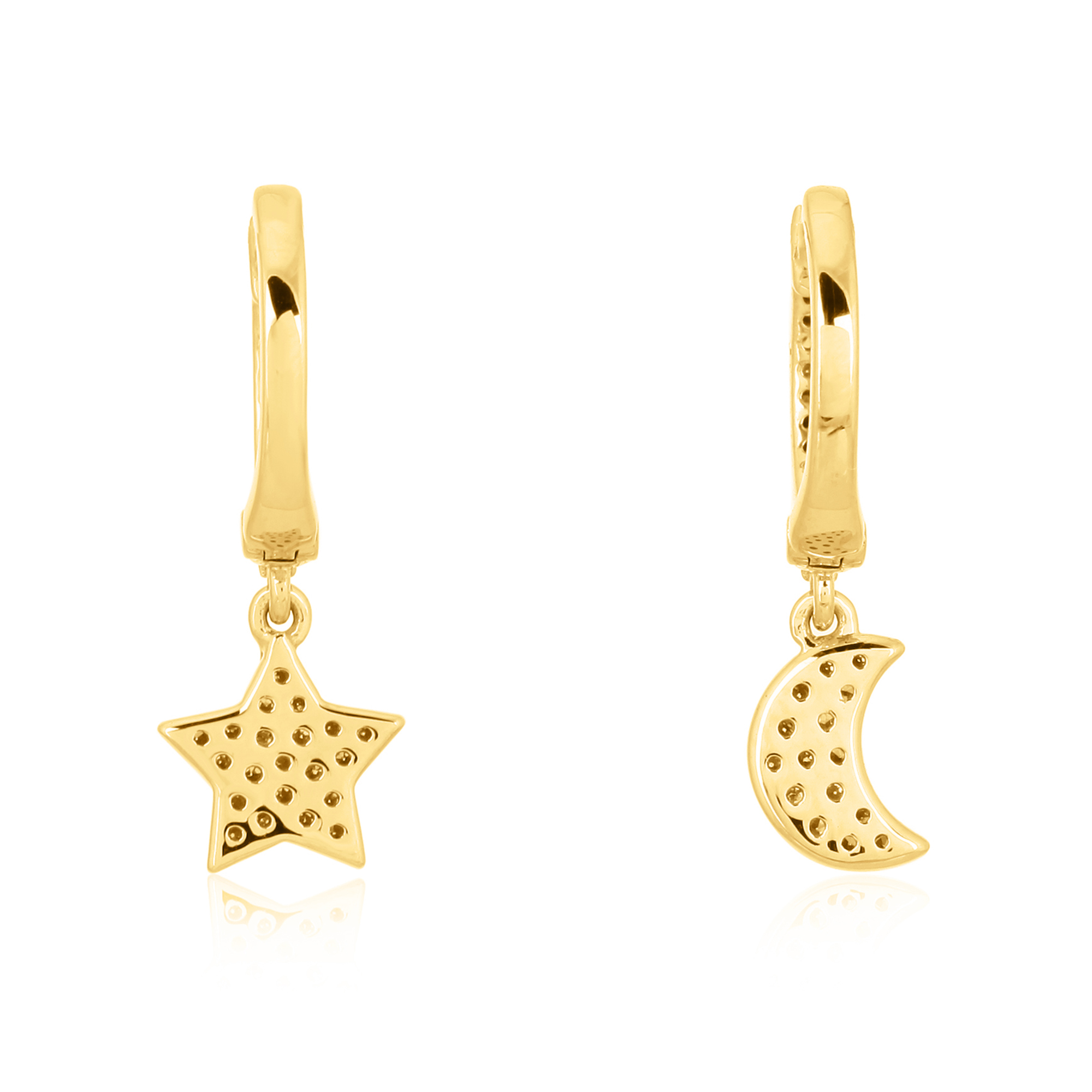 Yellow Gold Diamond Star Moon Hanging Charm Combo Earrings