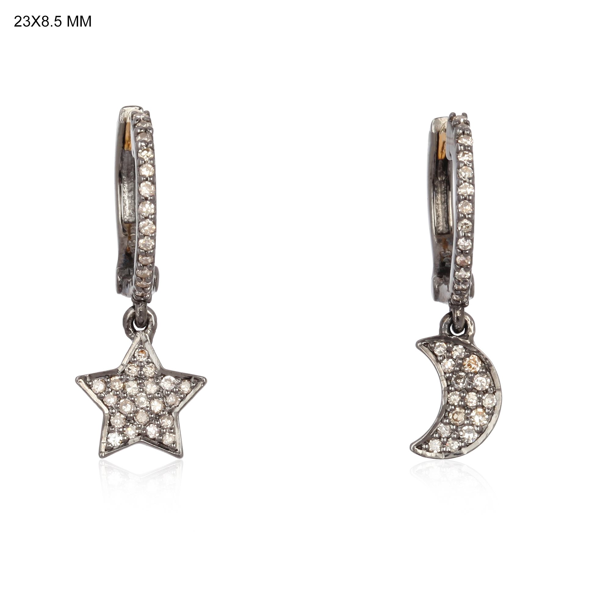 Sterling Silver Diamond Star Moon Hanging Charm Combo Earrings