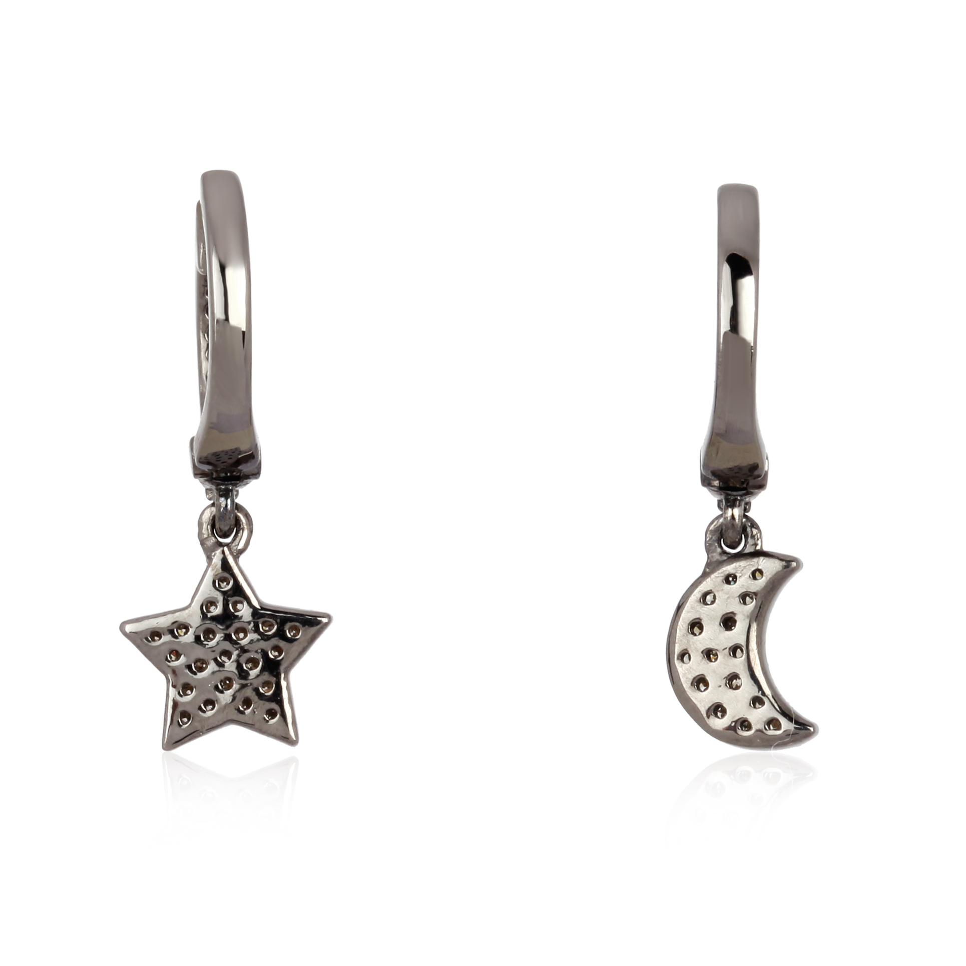 Sterling Silver Diamond Star Moon Hanging Charm Combo Earrings