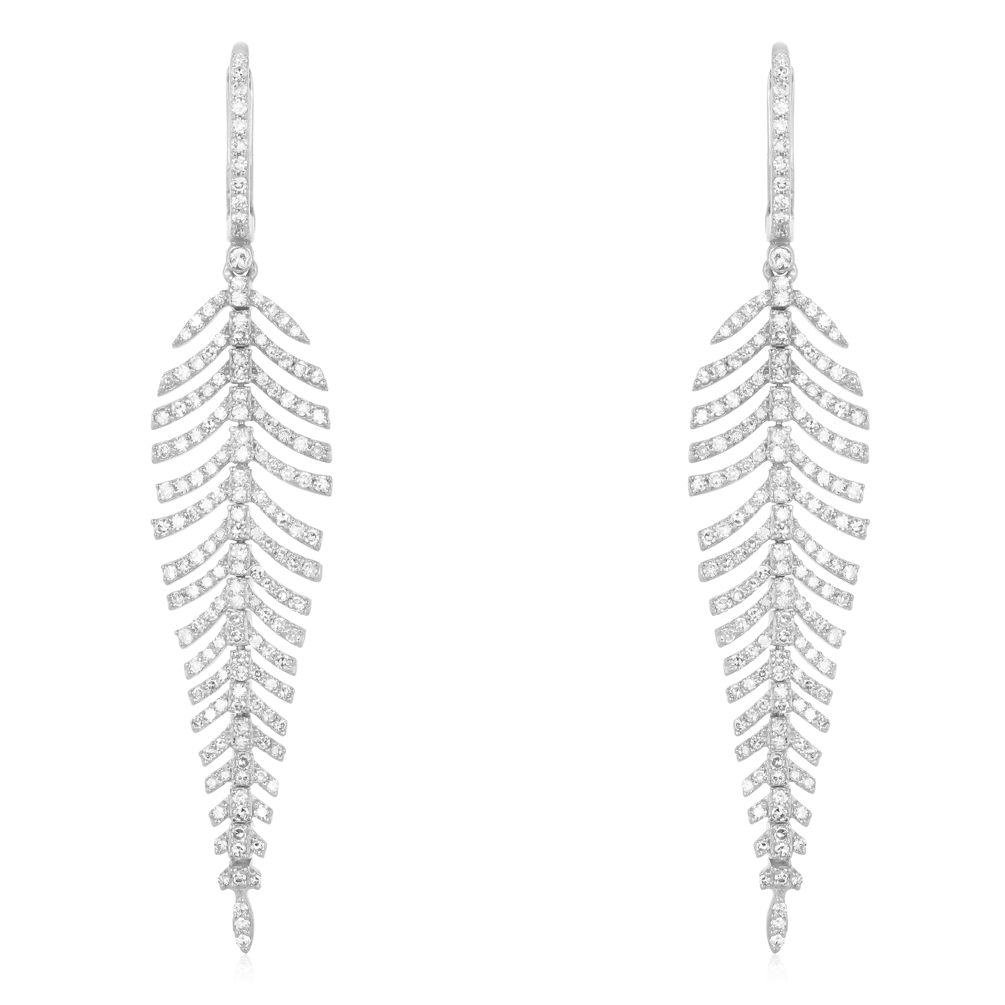 White Gold Diamond Leaf Dangle Earrings
