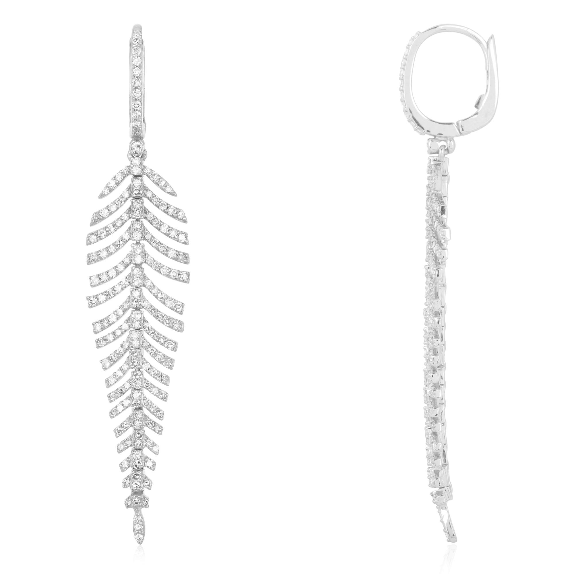 White Gold Diamond Leaf Dangle Earrings