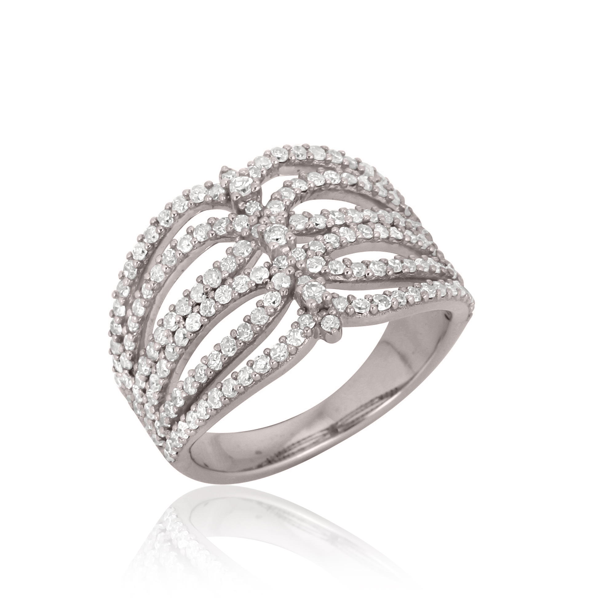 Sterling Silver Broad Diamond Studded Ring