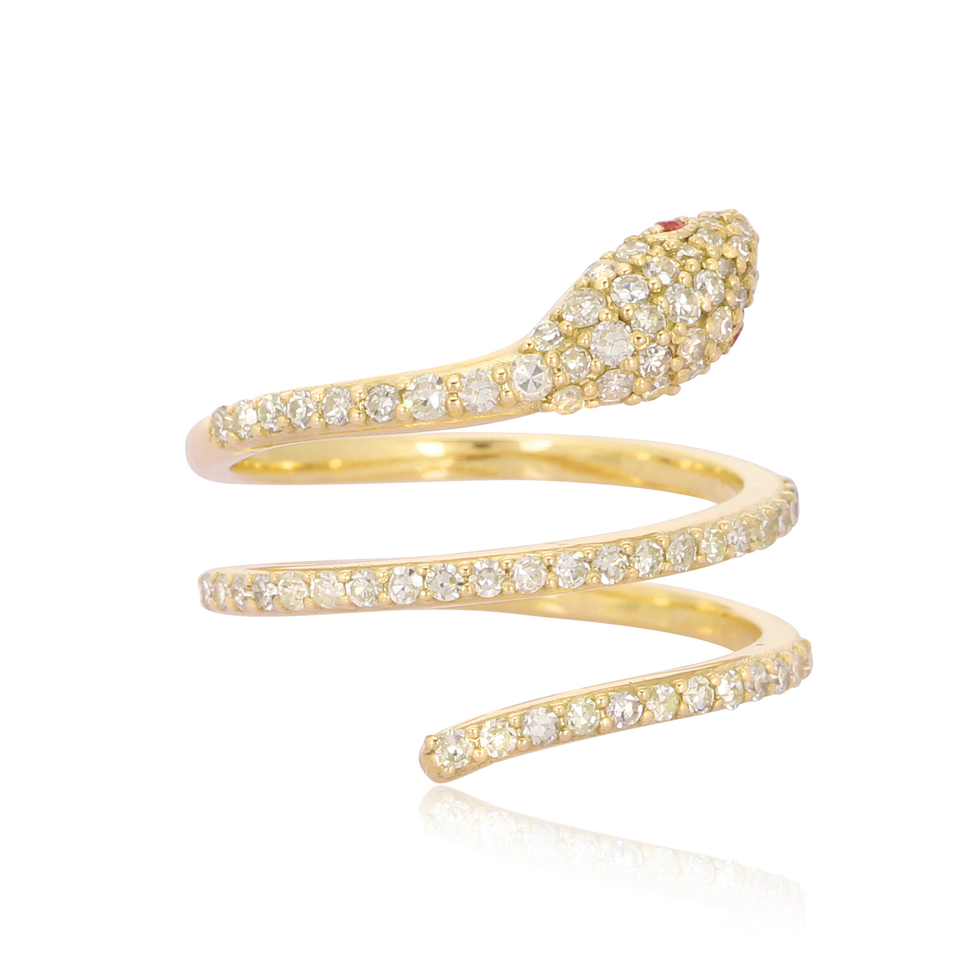 Yellow Gold Snake Ring With Diamond And Ruby Eyes
