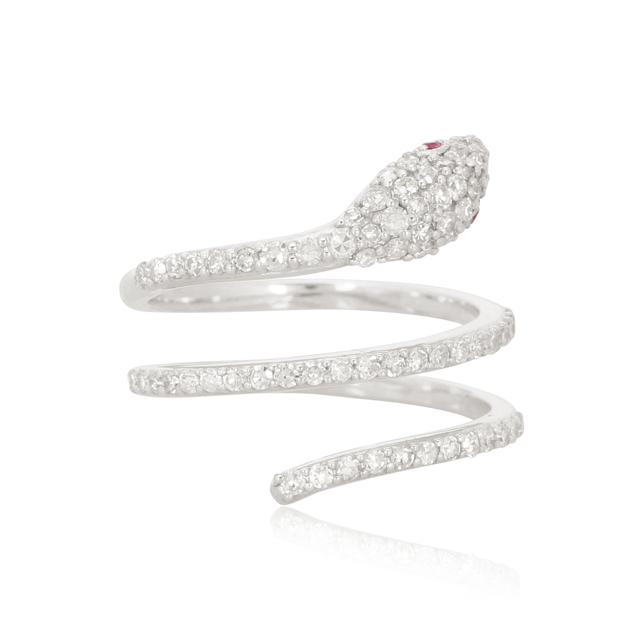White Gold Snake Ring With Diamond And Ruby Eyes