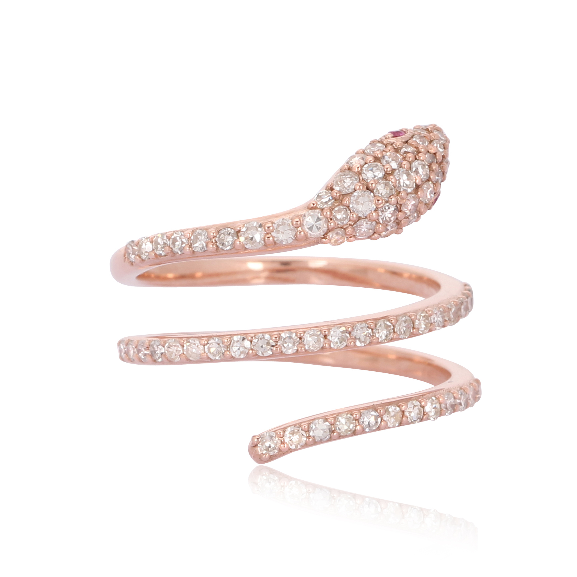 Rose Gold Snake Ring With Diamond And Ruby Eyes