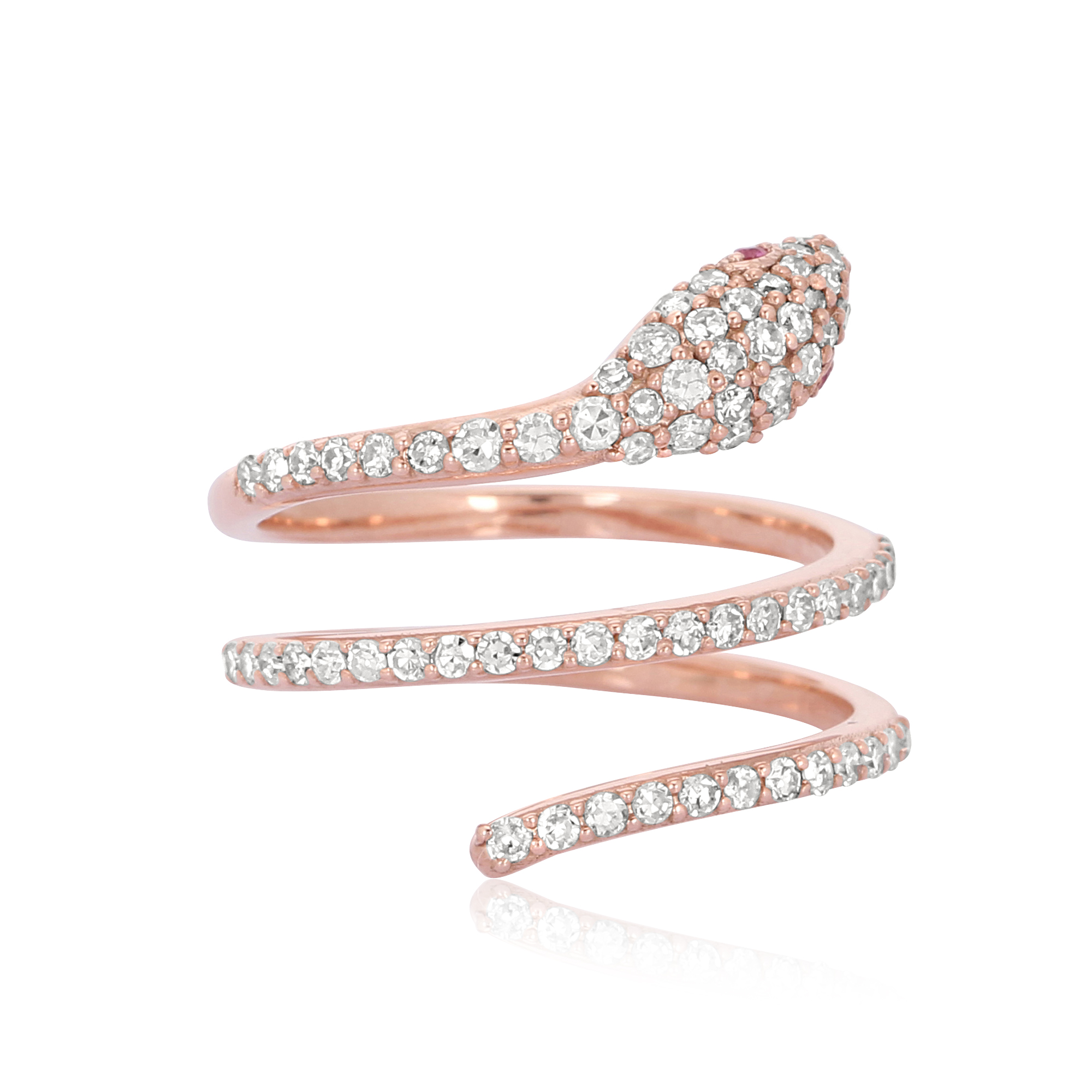 Sterling Silver Diamond Snake Ring With Ruby Eyes