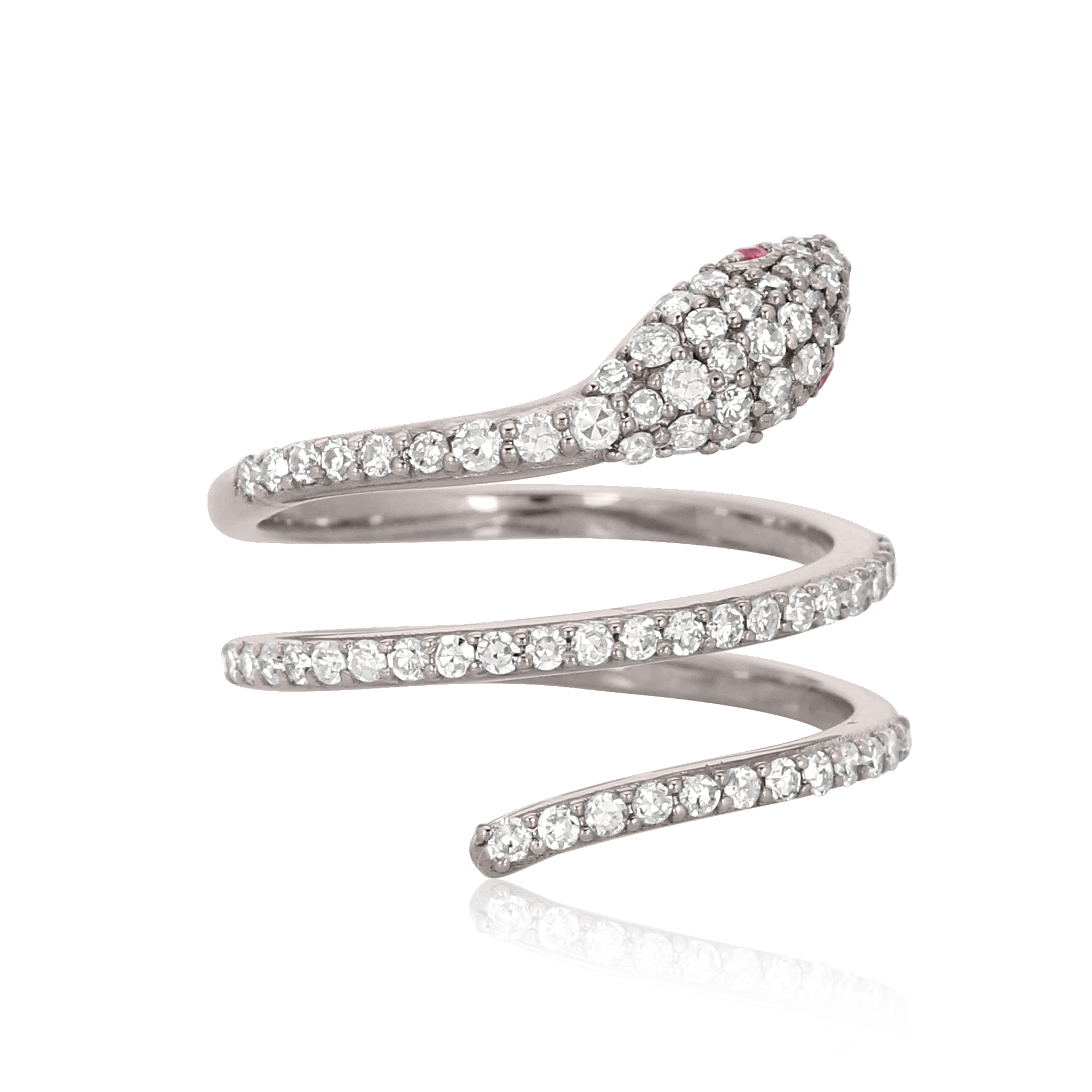 Sterling Silver Diamond Snake Ring With Ruby Eyes