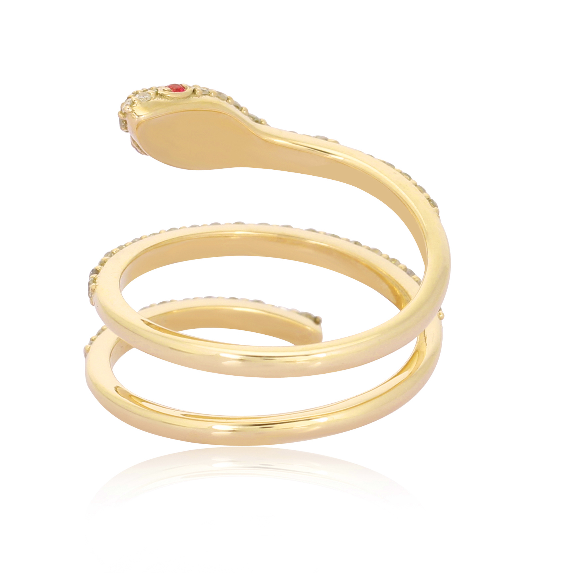 Yellow Gold Snake Ring With Diamond And Ruby Eyes