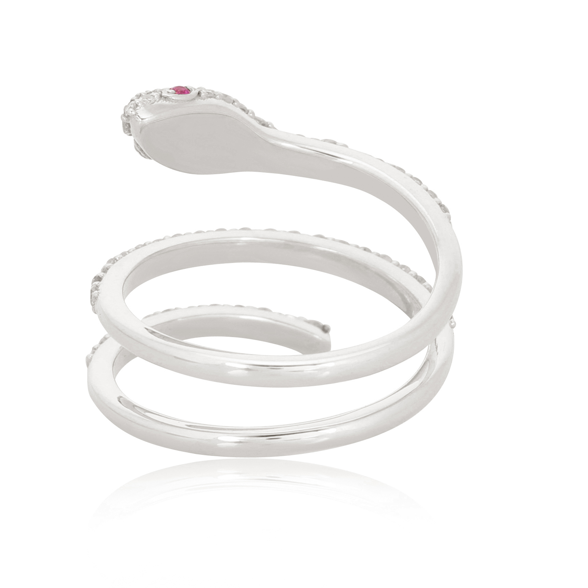 White Gold Snake Ring With Diamond And Ruby Eyes