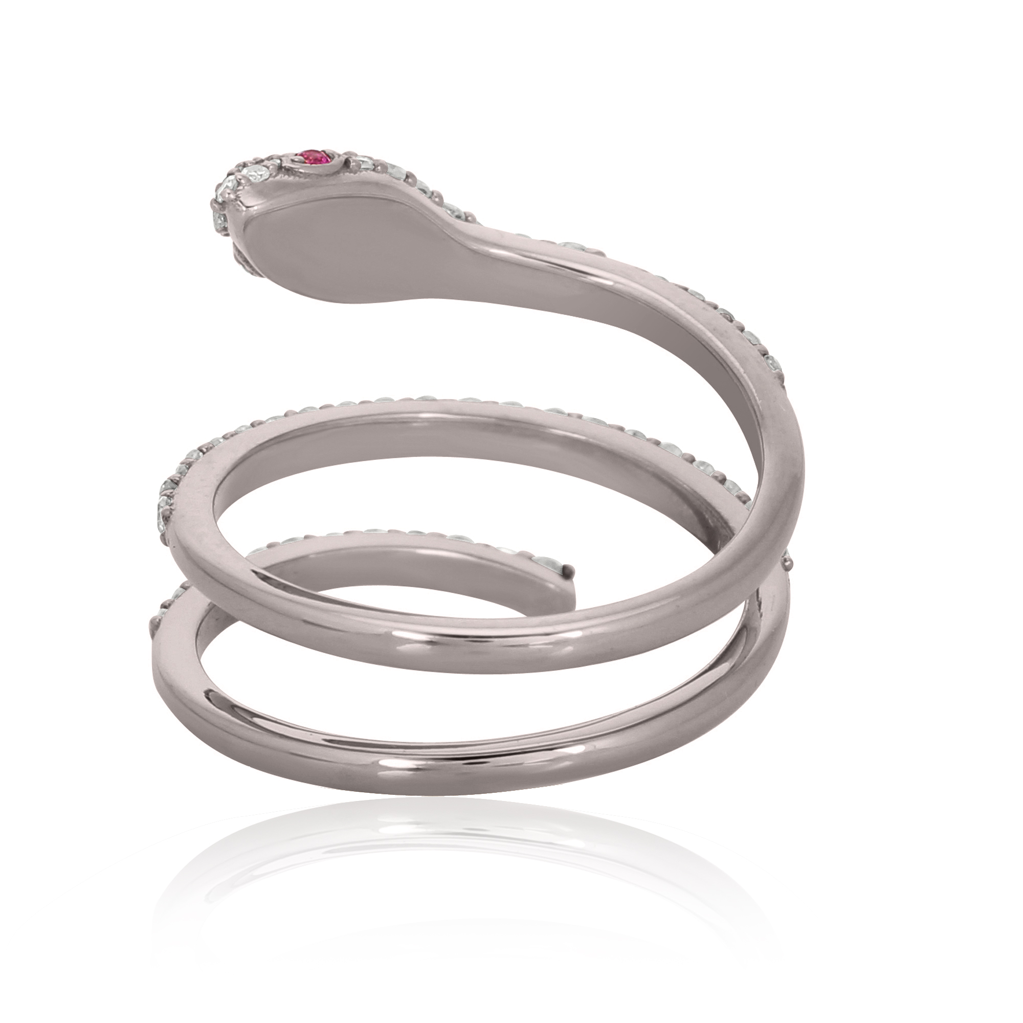 Sterling Silver Diamond Snake Ring With Ruby Eyes