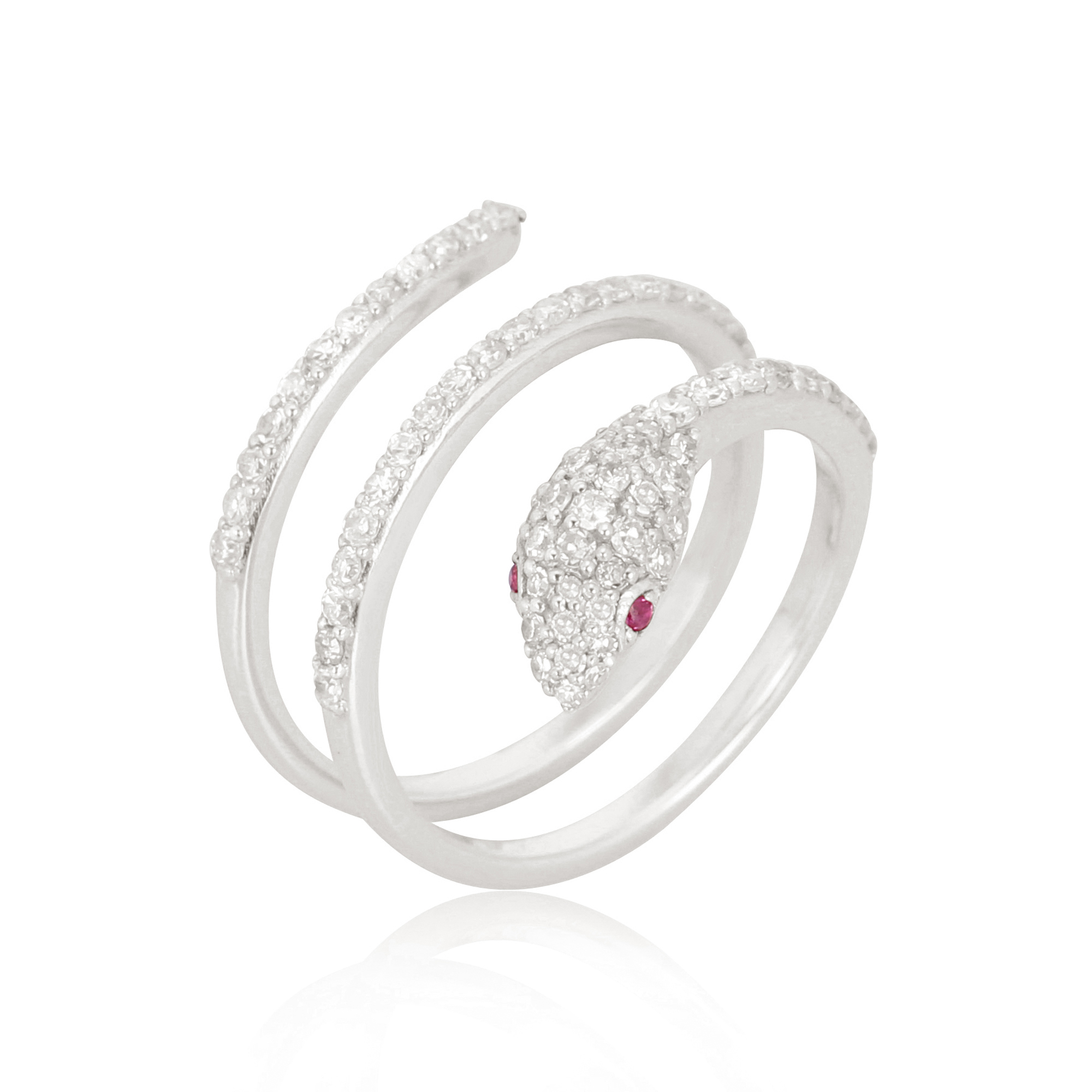 White Gold Snake Ring With Diamond And Ruby Eyes