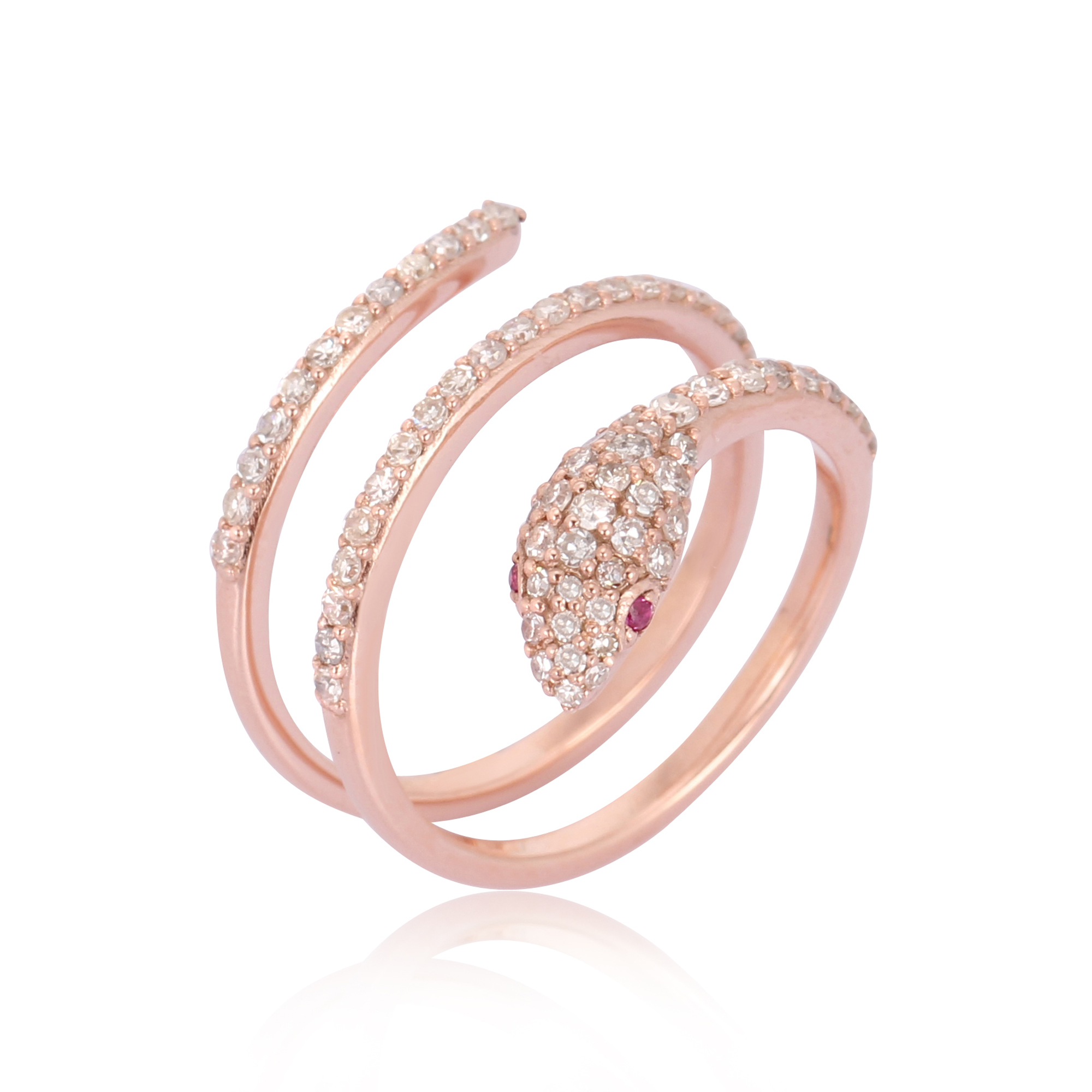Rose Gold Snake Ring With Diamond And Ruby Eyes