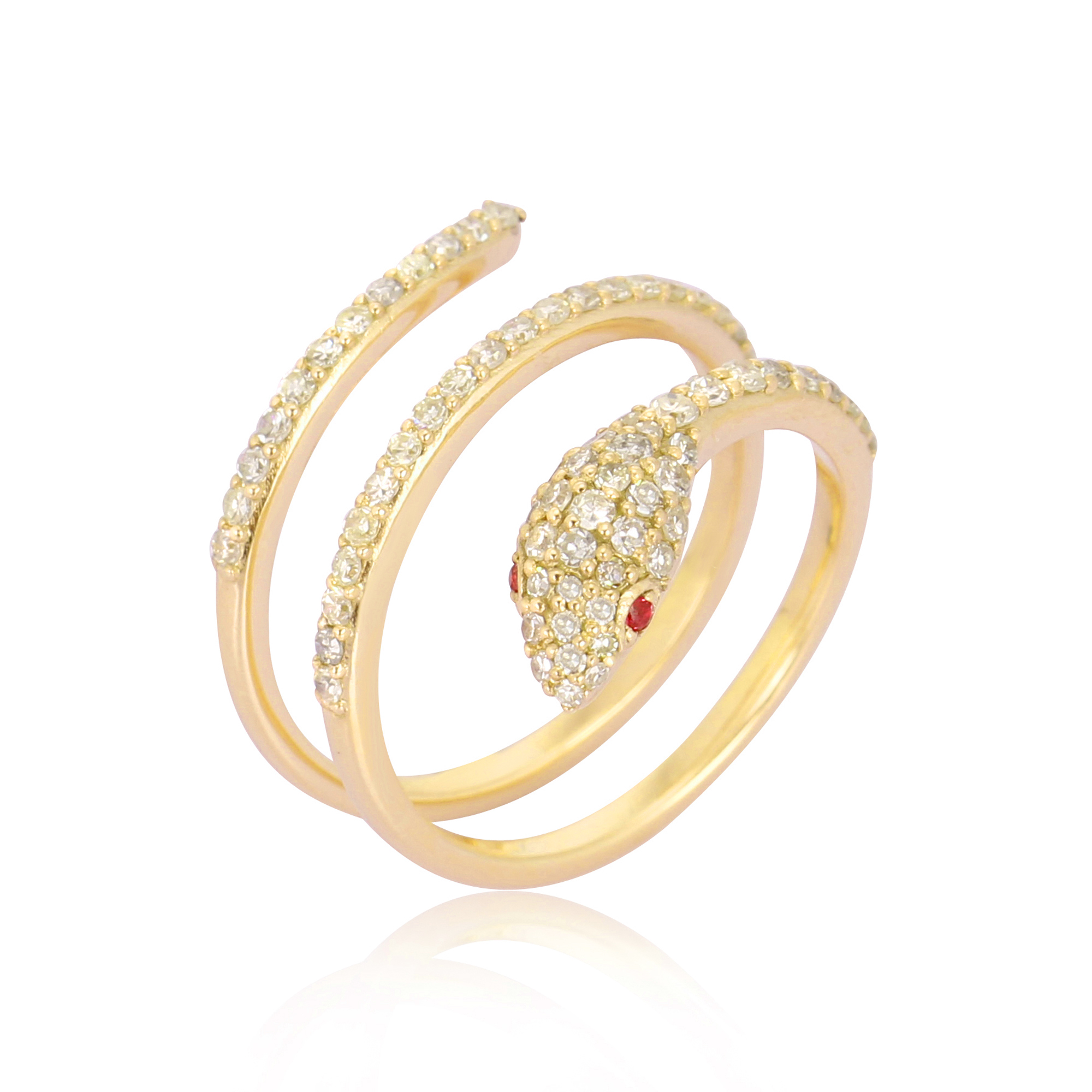 Yellow Gold Snake Ring With Diamond And Ruby Eyes