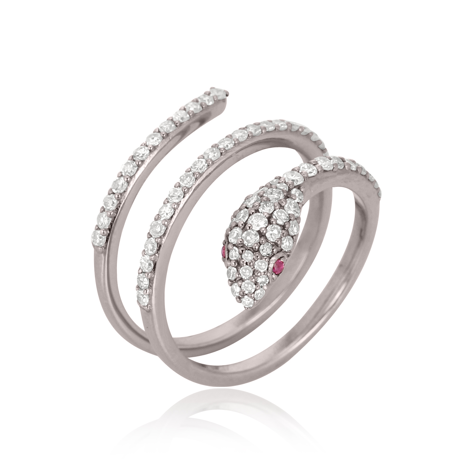 Sterling Silver Diamond Snake Ring With Ruby Eyes