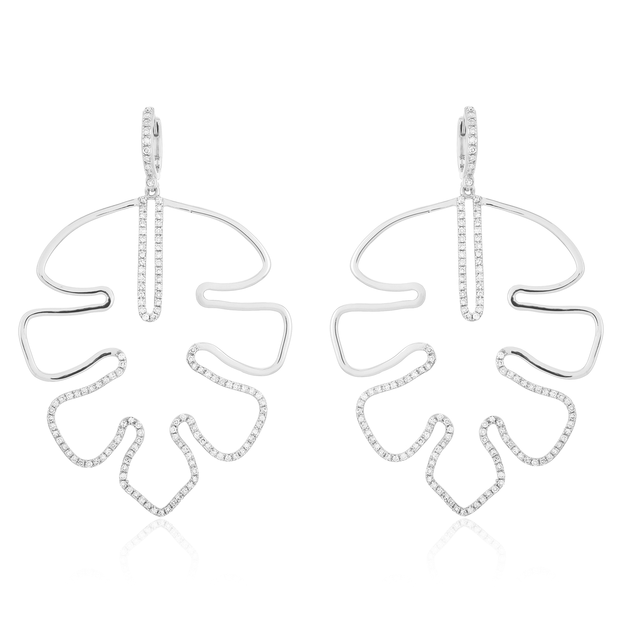 White Gold Diamond Leaf Dangle Earrings