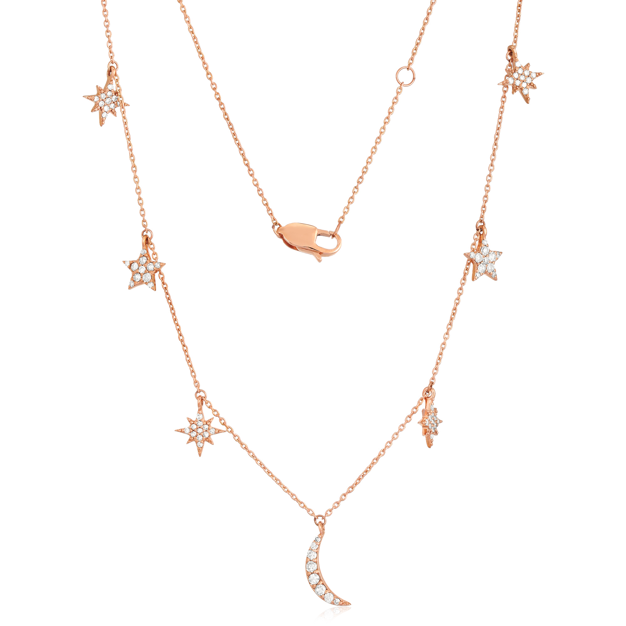 Rose Gold Star and Moon Charm Diamond Necklace