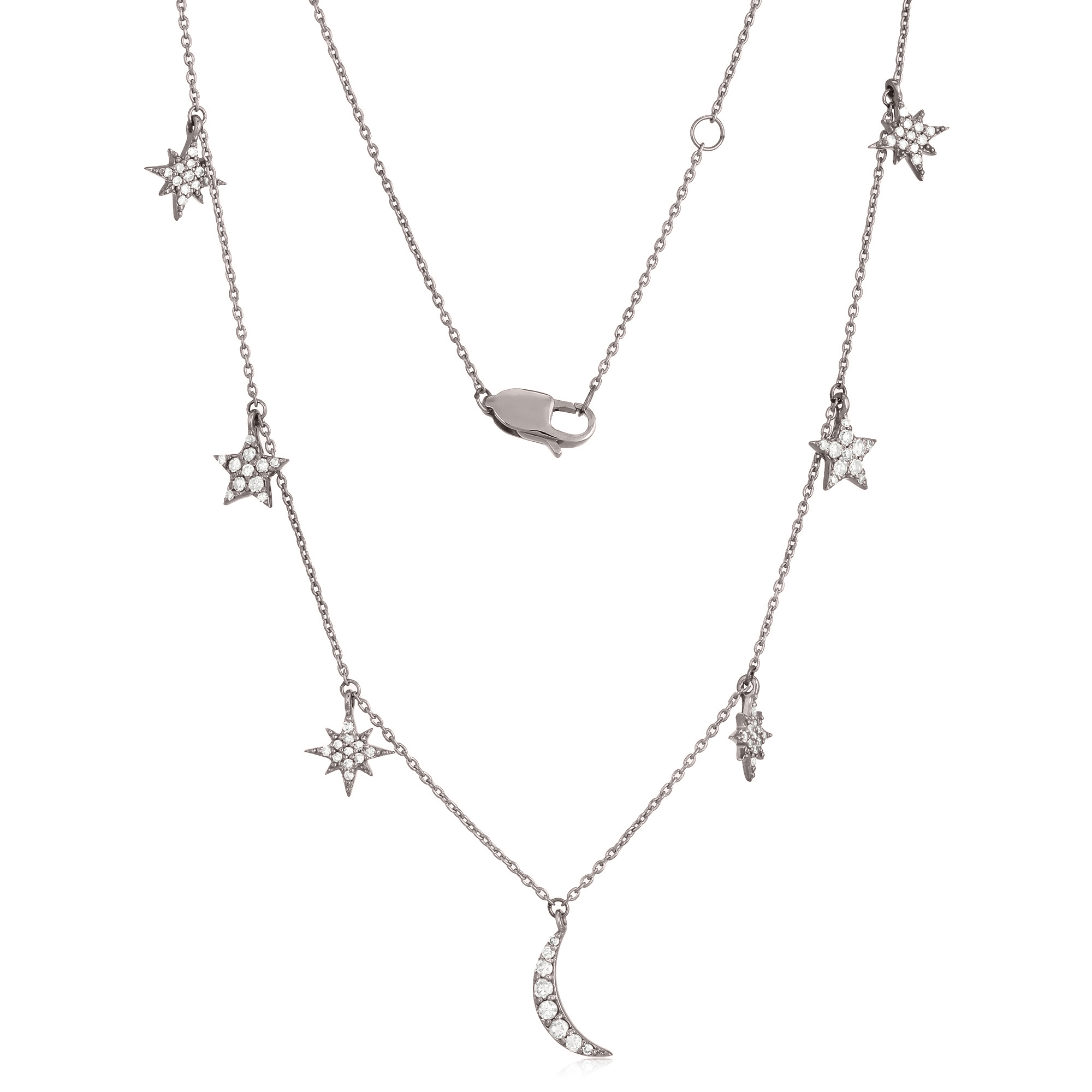 Sterling Silver Star and Moon Charm Diamond Necklace