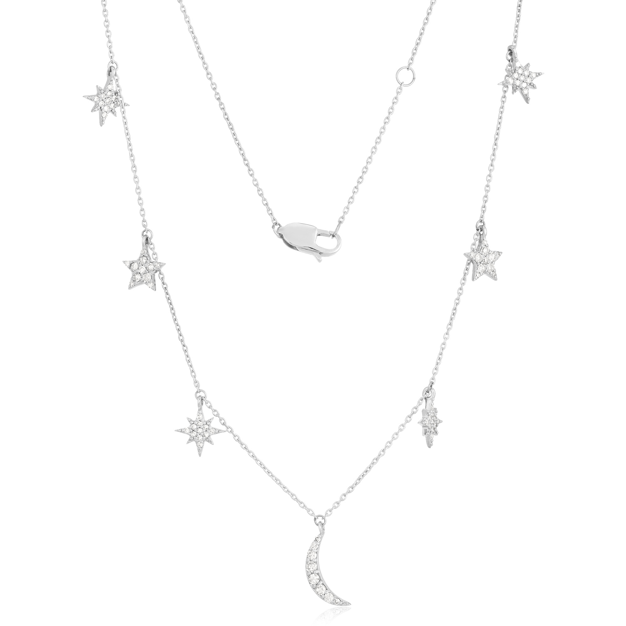 White Gold Star and Moon Charm Diamond Necklace