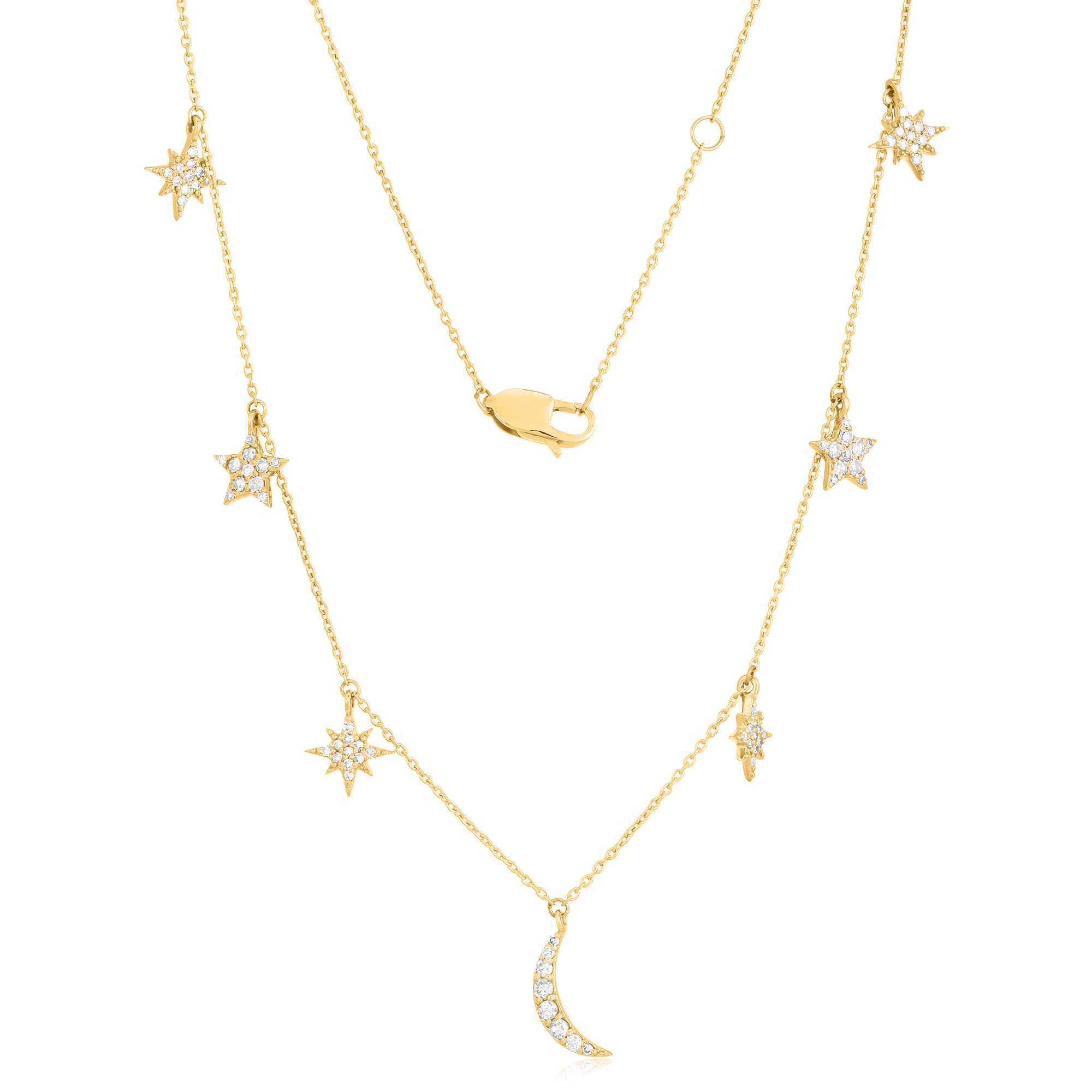 Yellow Gold Star and Moon Charm Diamond Necklace