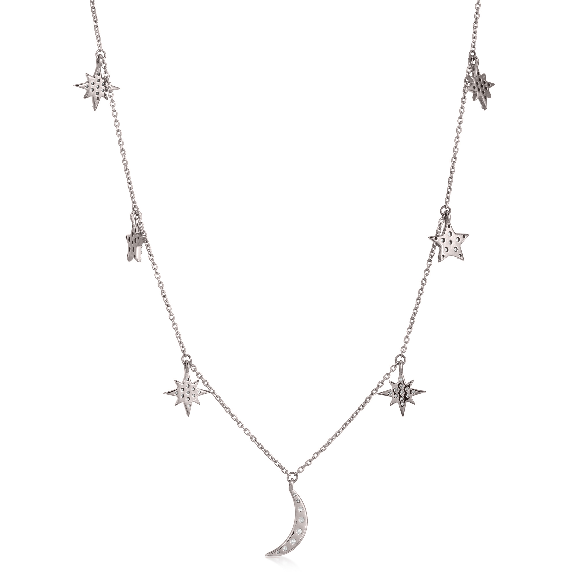 Sterling Silver Star and Moon Charm Diamond Necklace