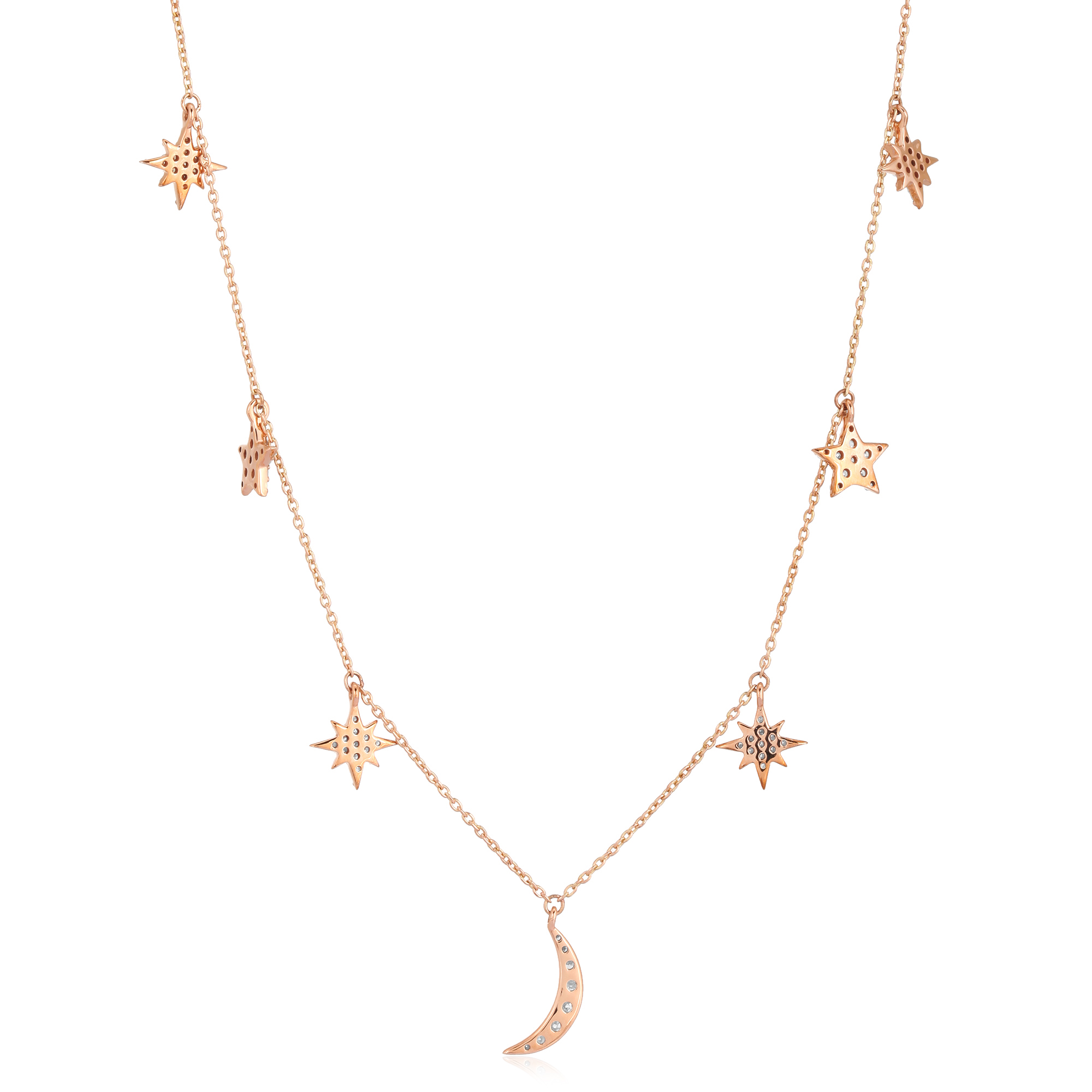 Rose Gold Star and Moon Charm Diamond Necklace