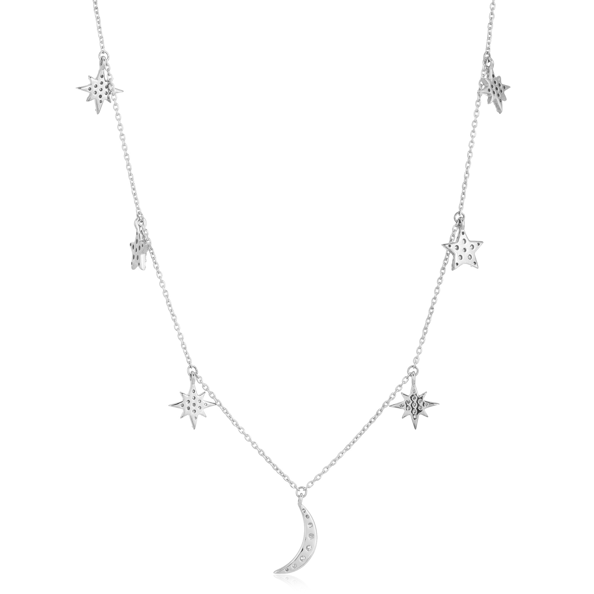 White Gold Star and Moon Charm Diamond Necklace