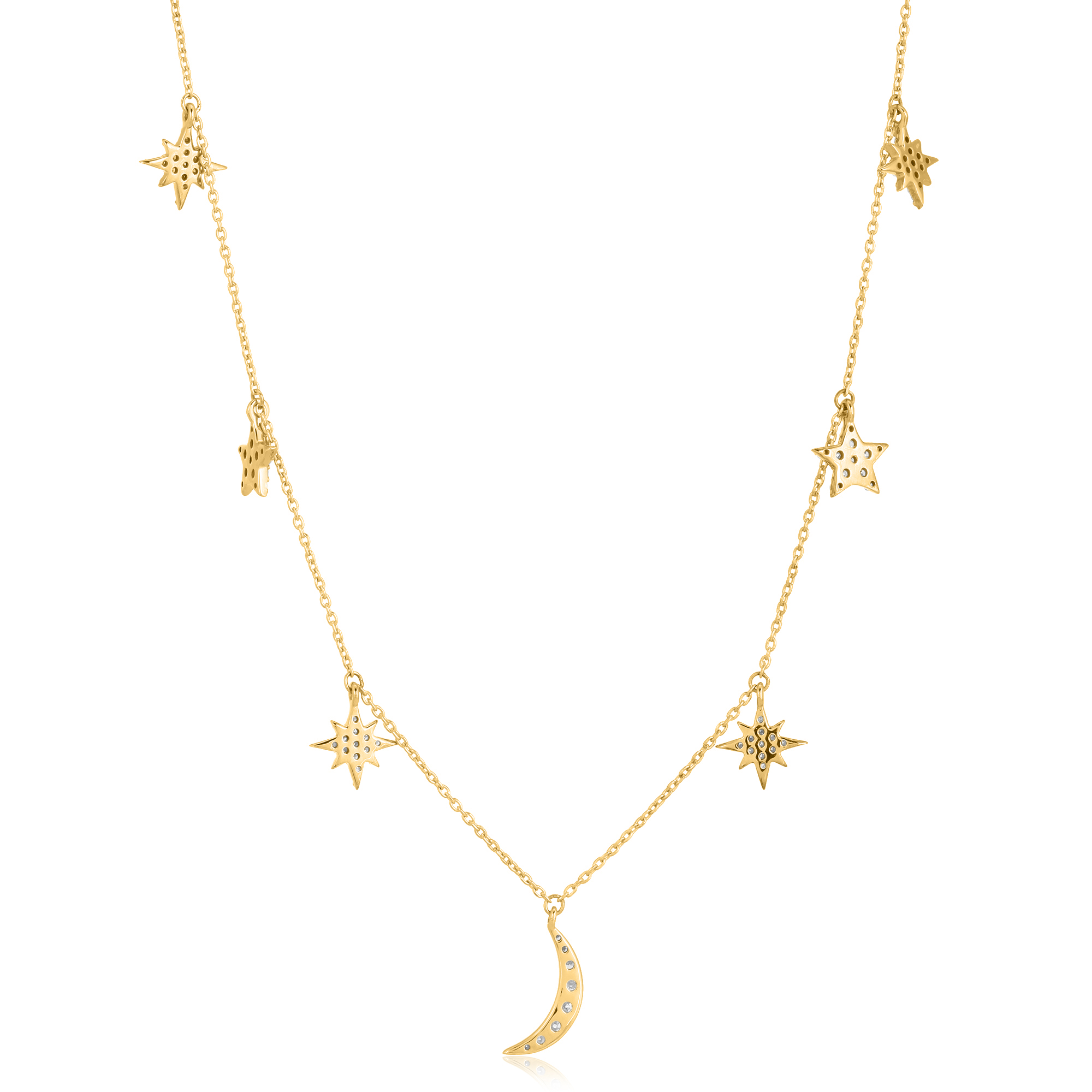 Yellow Gold Star and Moon Charm Diamond Necklace