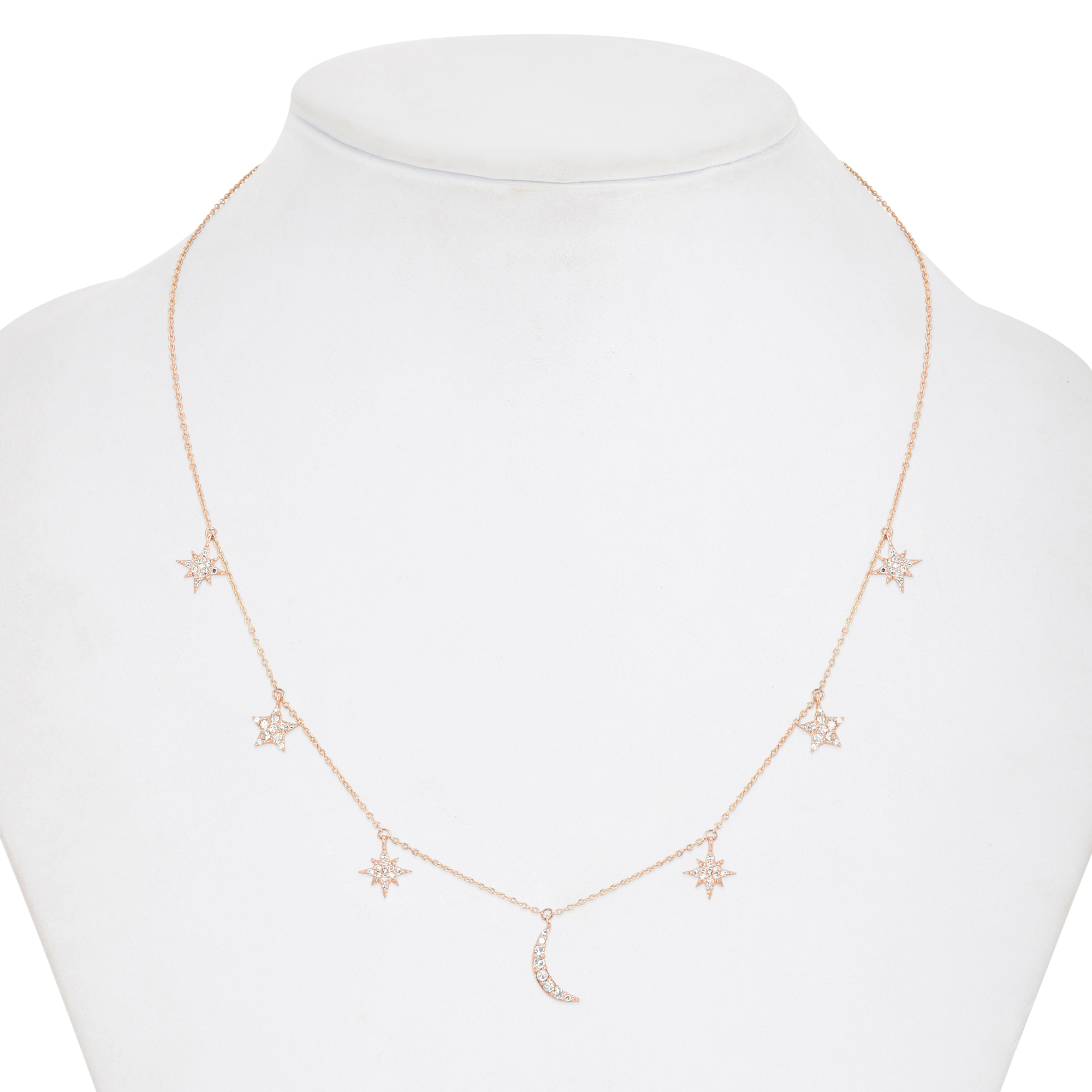 Rose Gold Star and Moon Charm Diamond Necklace