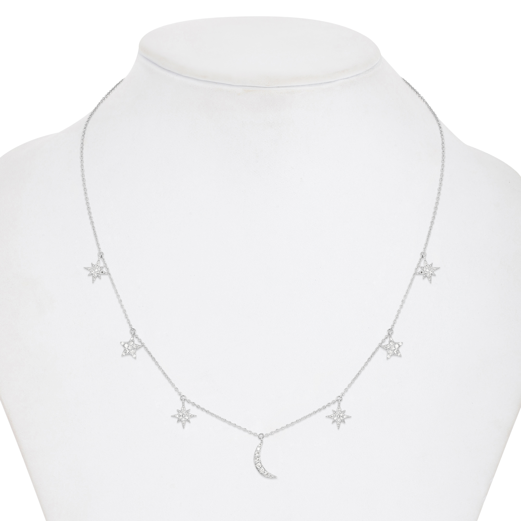White Gold Star and Moon Charm Diamond Necklace