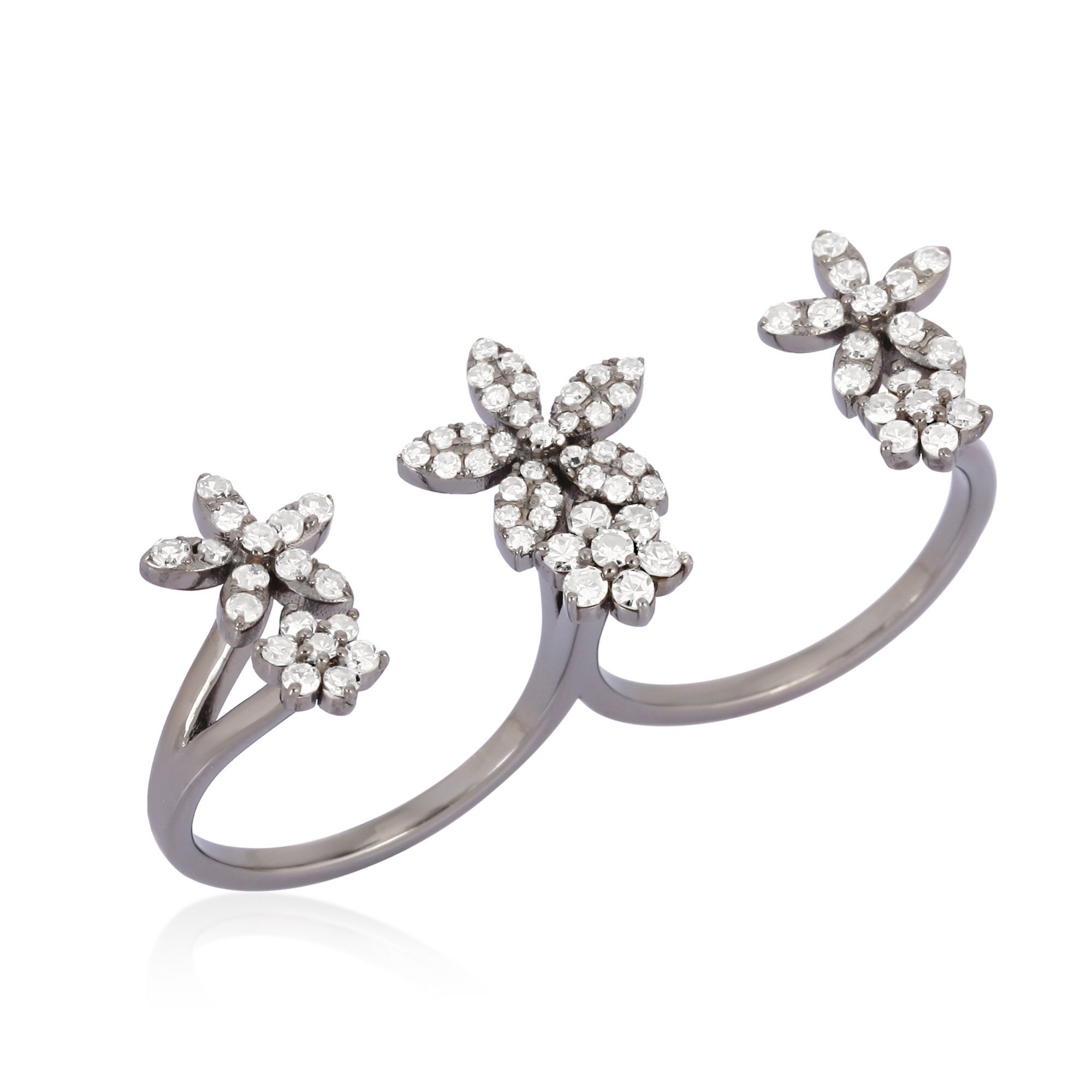 Sterling Silver Multifinger Diamond Flower Ring