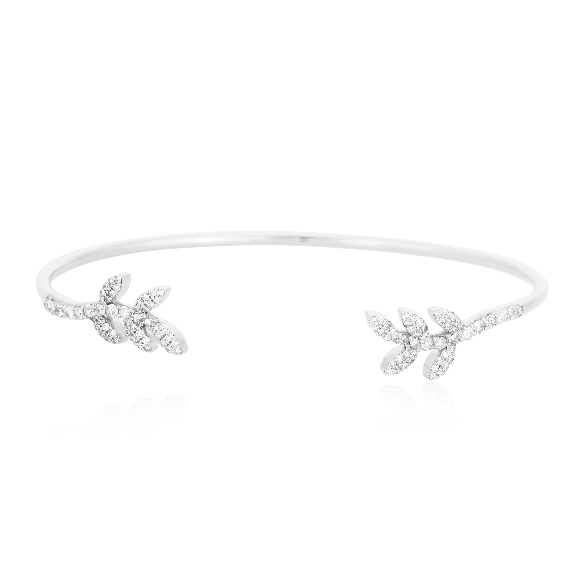 White Gold Open Oval Cuff Double Leaf Diamond Bangle