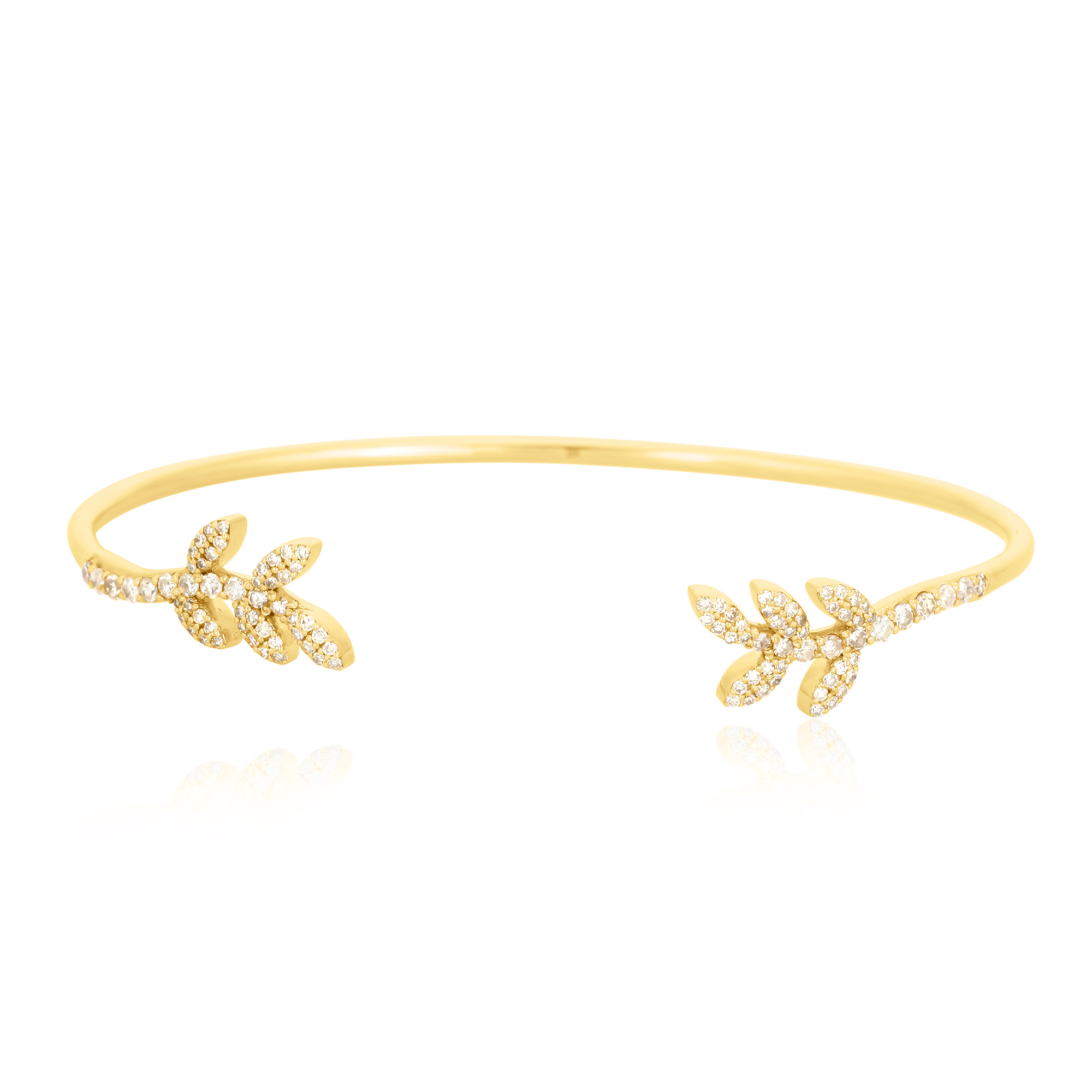 Yellow Gold Open Oval Cuff Double Leaf Diamond Bangle