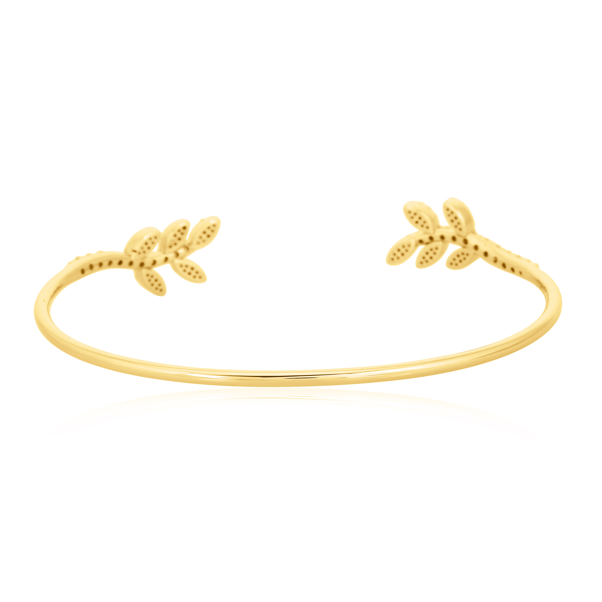 Yellow Gold Open Oval Cuff Double Leaf Diamond Bangle