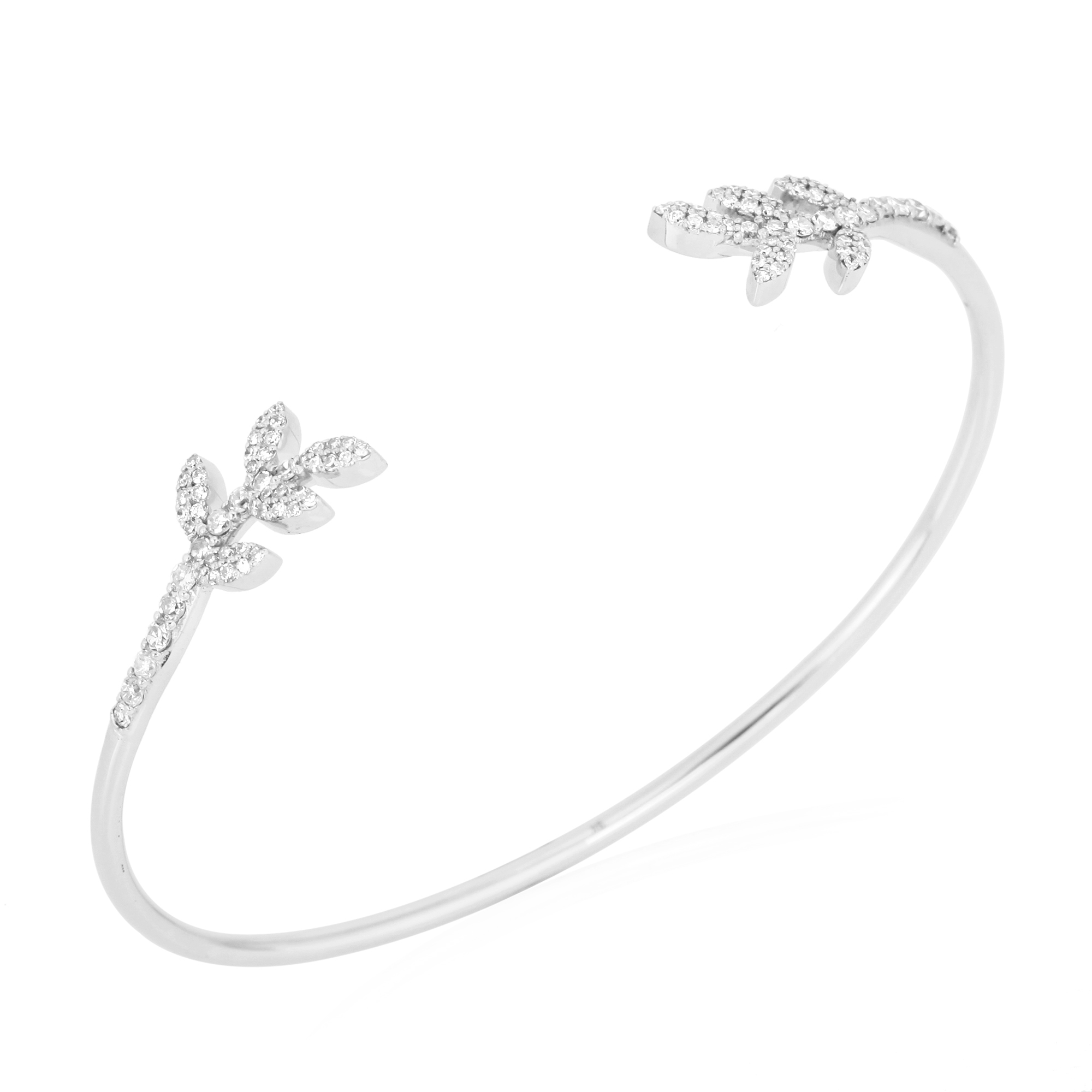 White Gold Open Oval Cuff Double Leaf Diamond Bangle