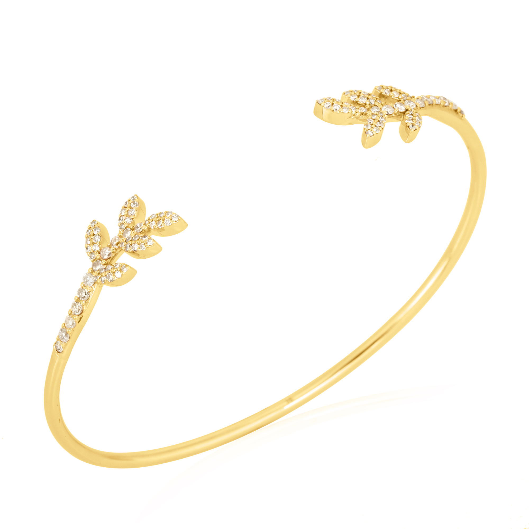 Yellow Gold Open Oval Cuff Double Leaf Diamond Bangle