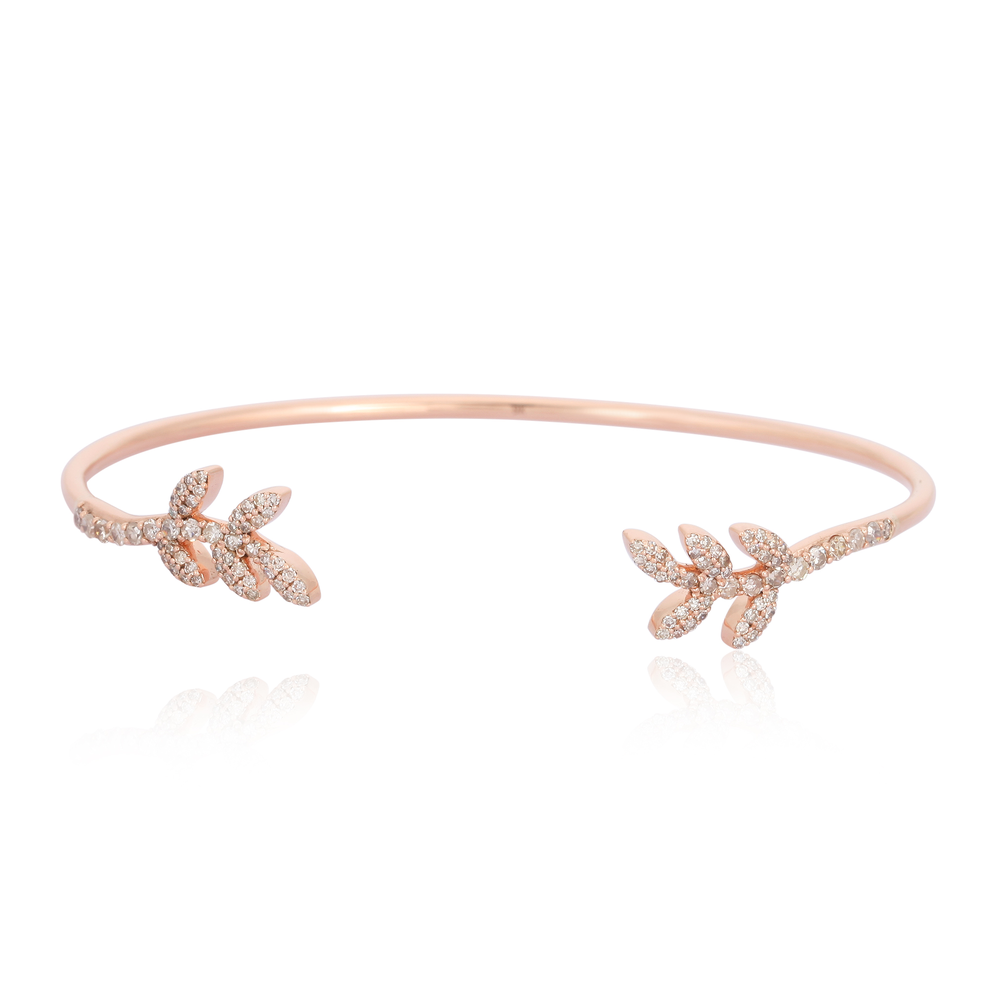 Rose Gold Open Oval Cuff Double Leaf Diamond Bangle
