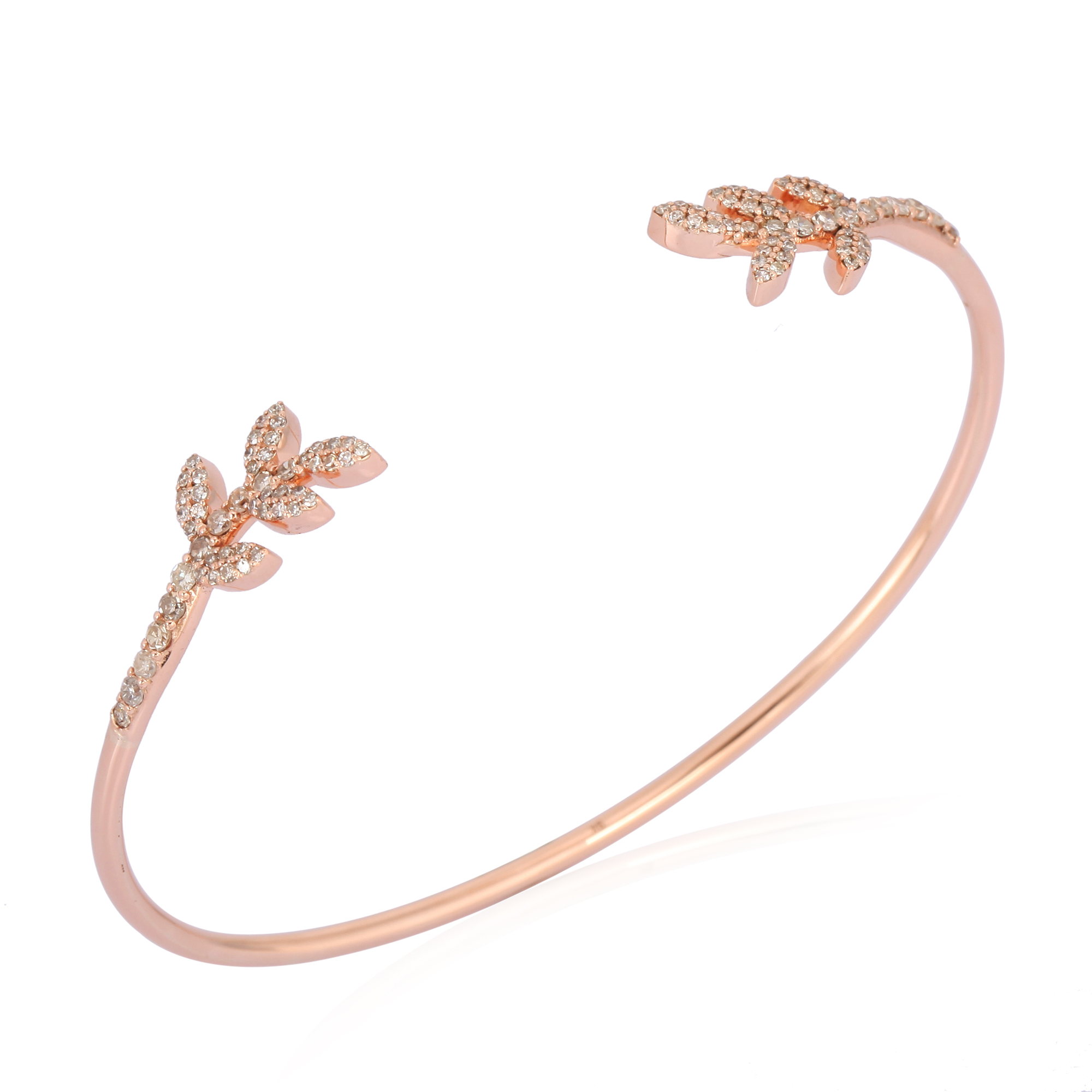 Rose Gold Open Oval Cuff Double Leaf Diamond Bangle