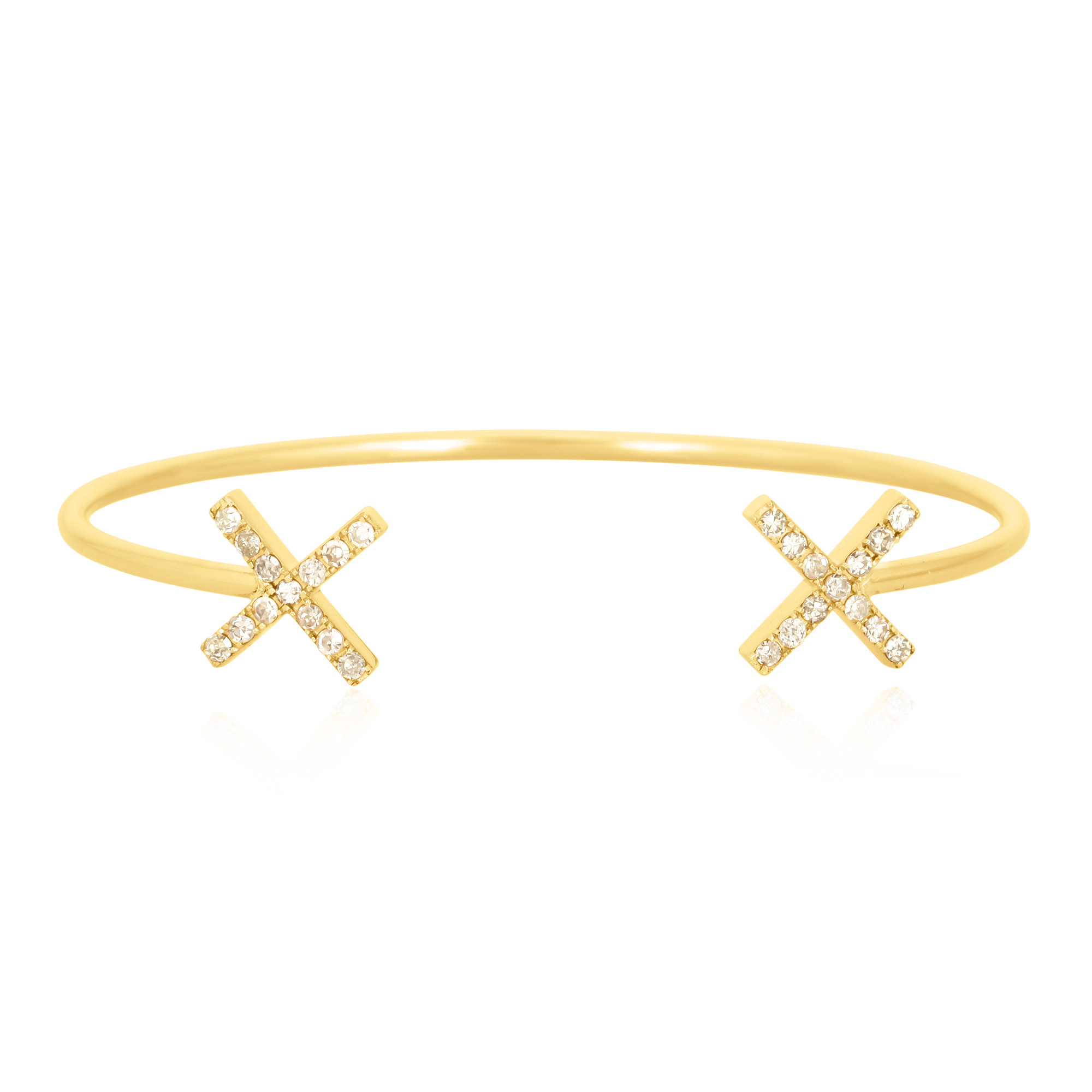 Yellow Gold Open Oval Cuff Cross Diamond Bangle