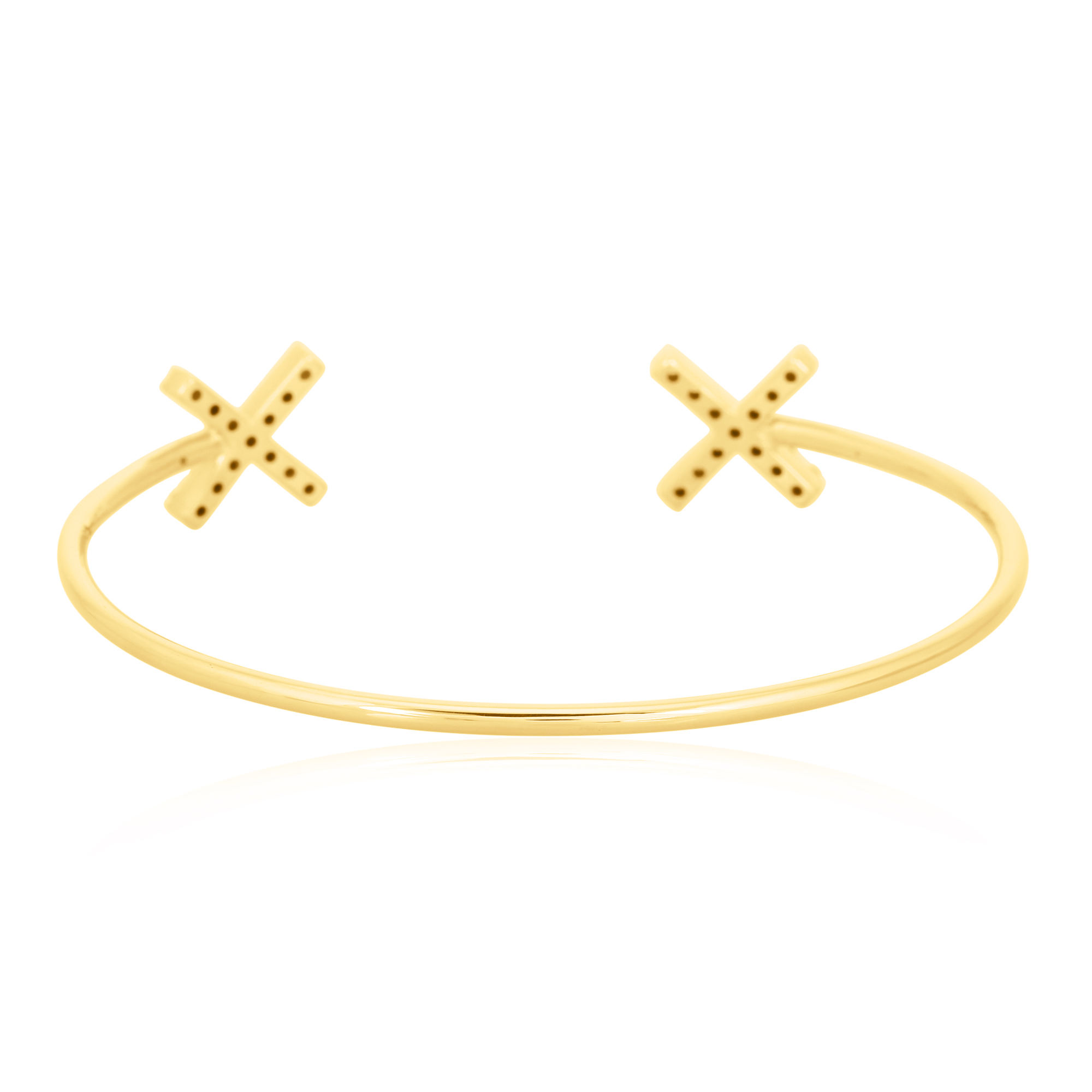 Yellow Gold Open Oval Cuff Cross Diamond Bangle