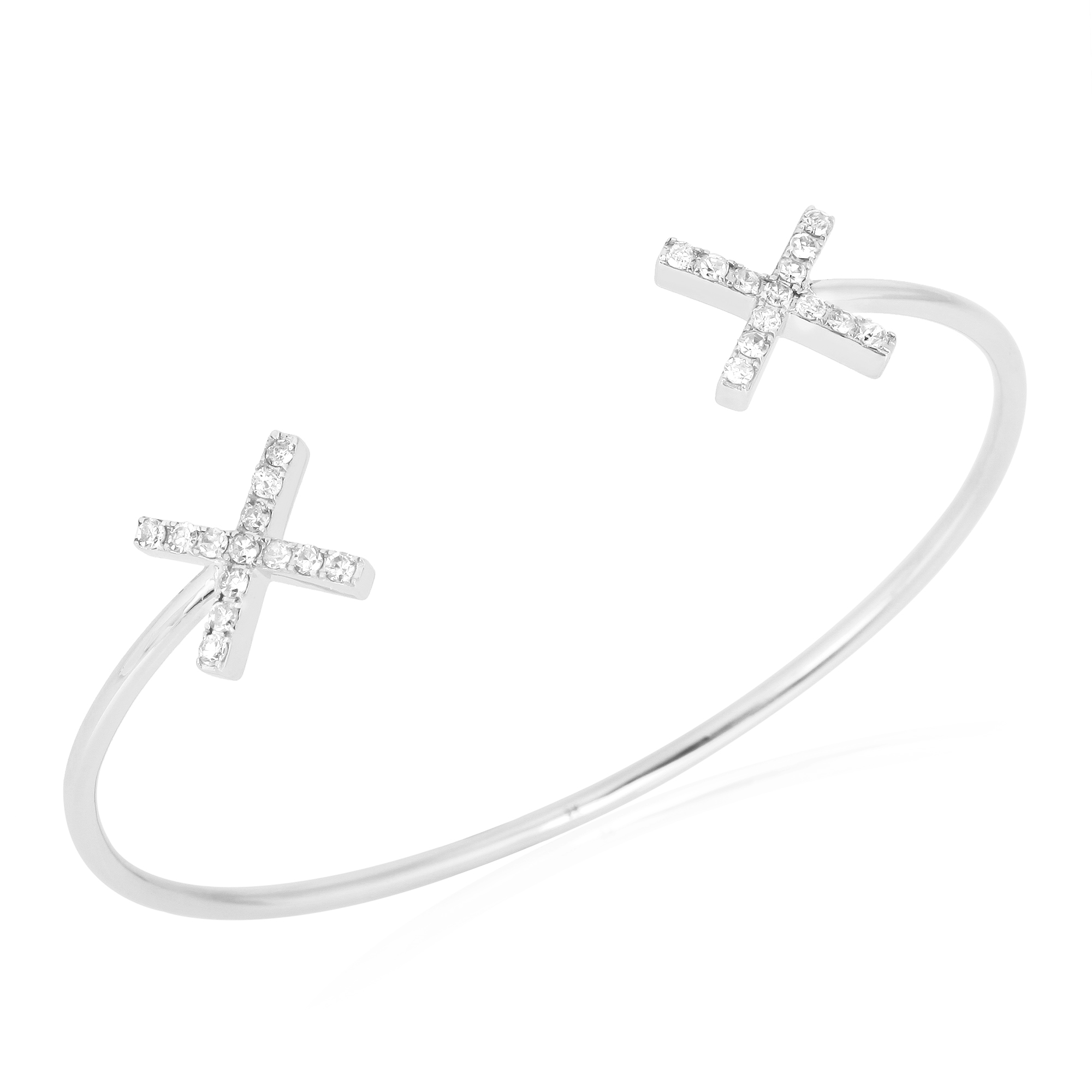 White Gold Open Oval Cuff Cross Diamond Bangle
