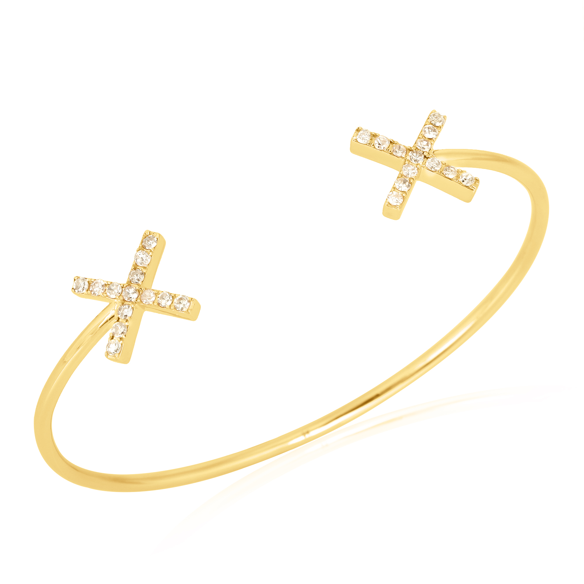Yellow Gold Open Oval Cuff Cross Diamond Bangle