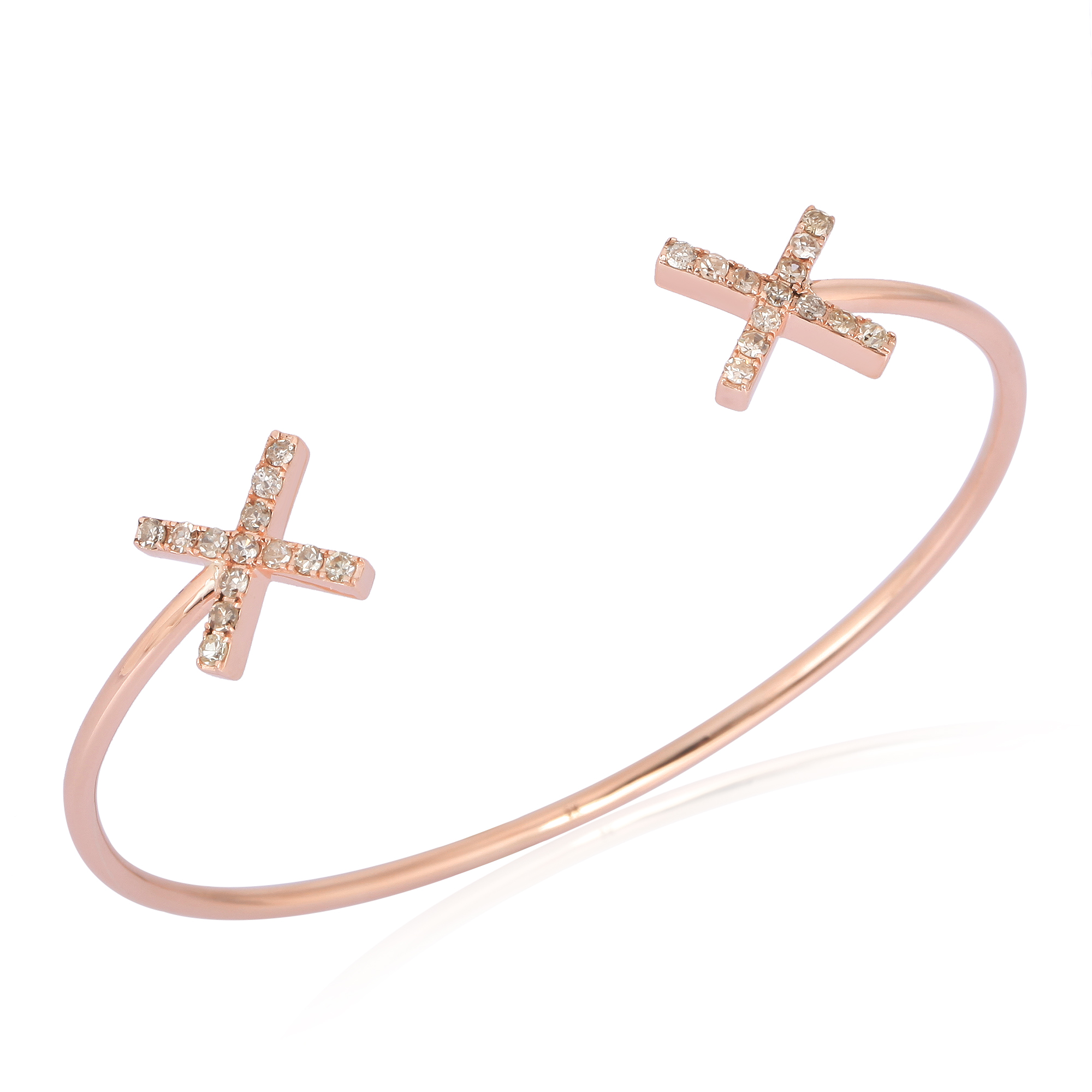 Rose Gold Open Oval Cuff Cross Diamond Bangle