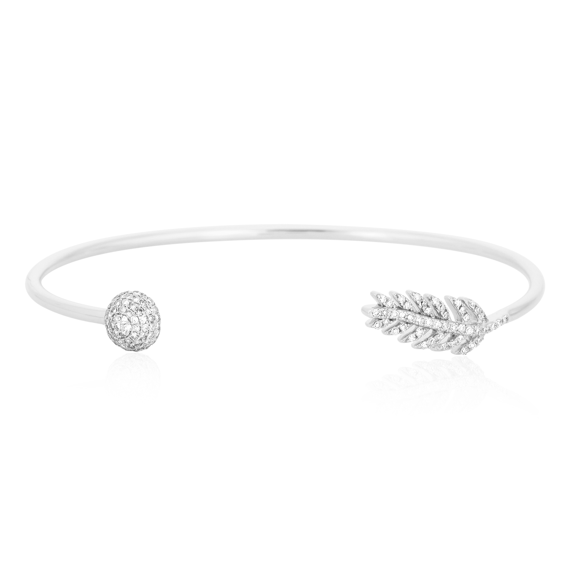 White Gold Open Oval Cuff Leaf Diamond Bangle