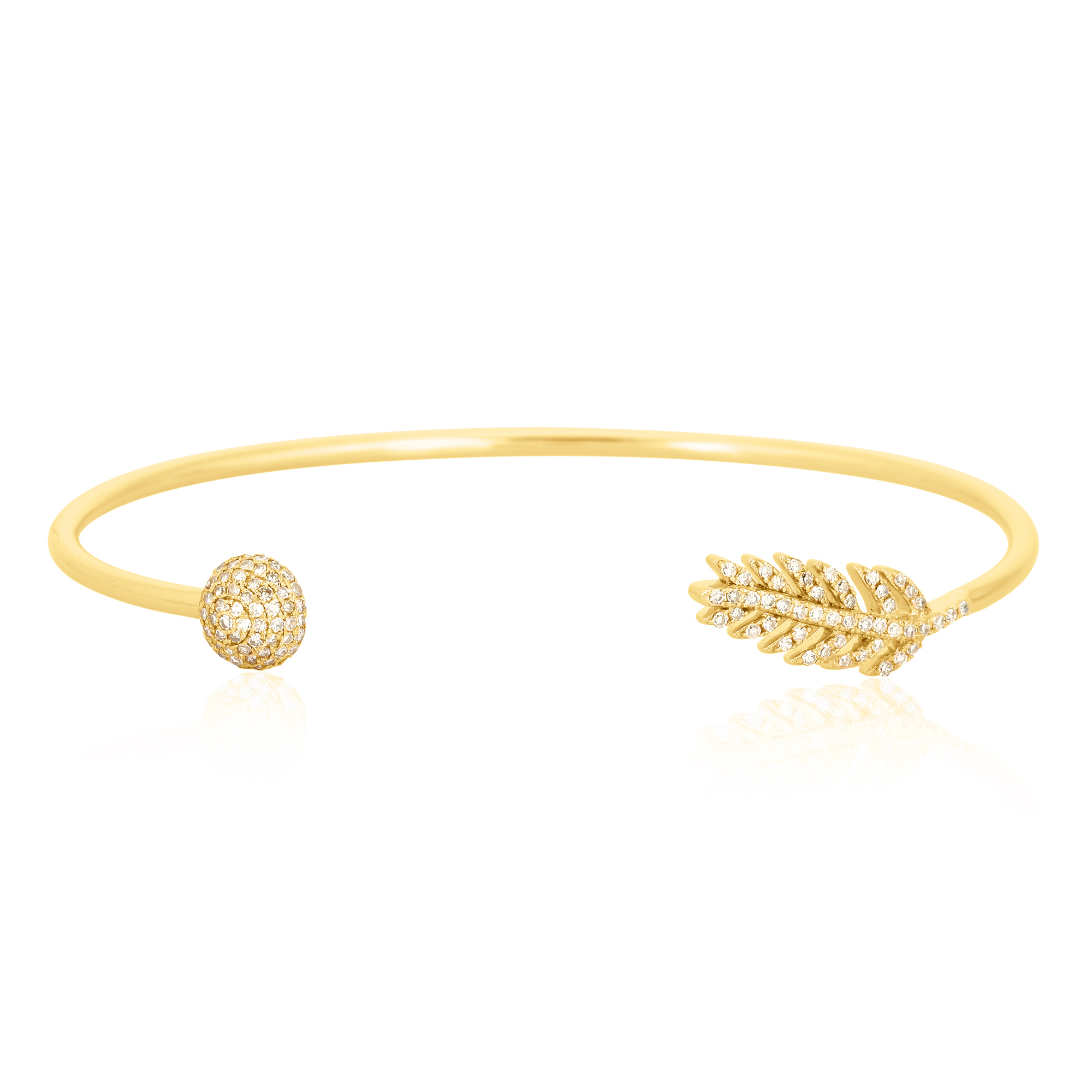 Yellow Gold Open Oval Cuff Leaf Diamond Bangle