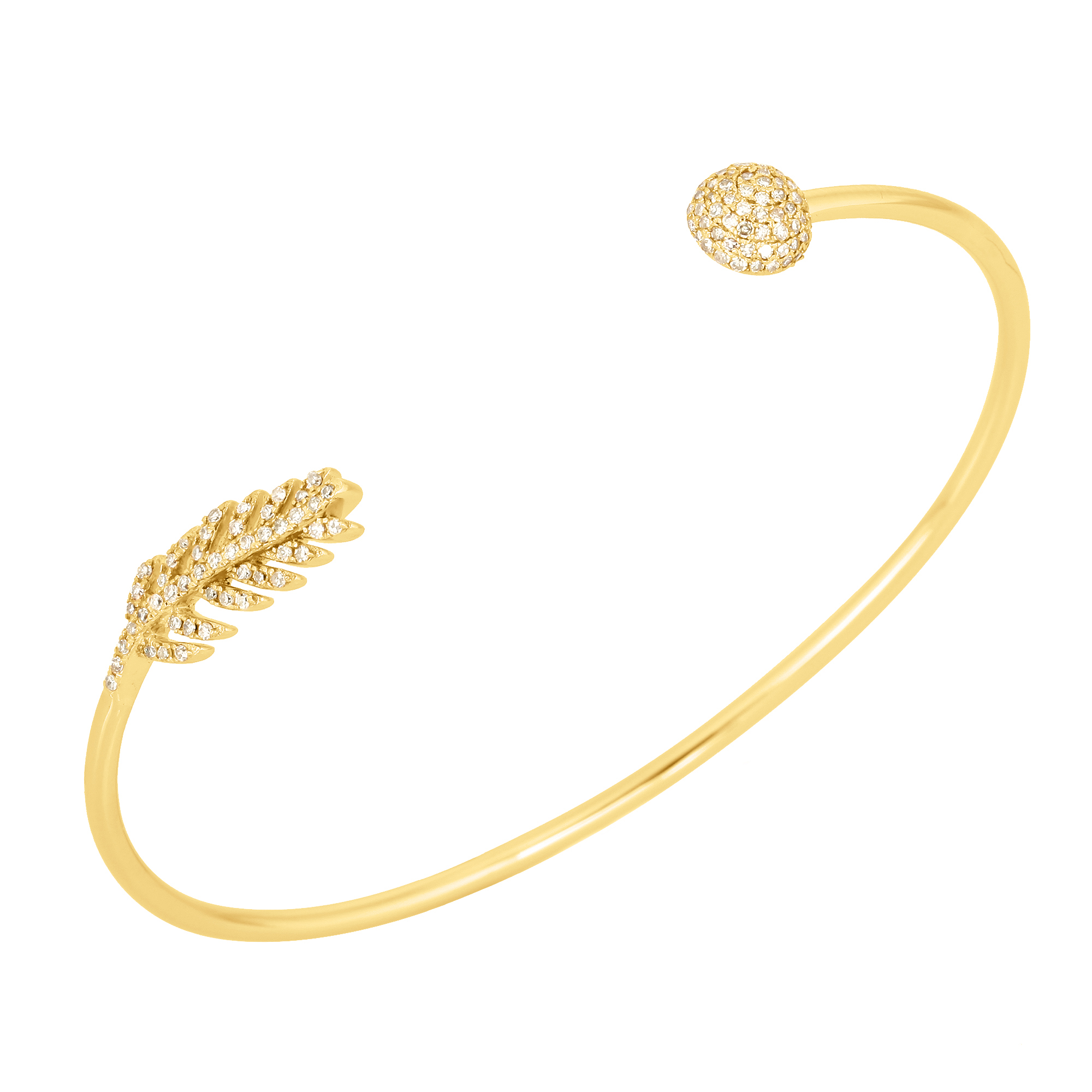 Yellow Gold Open Oval Cuff Leaf Diamond Bangle