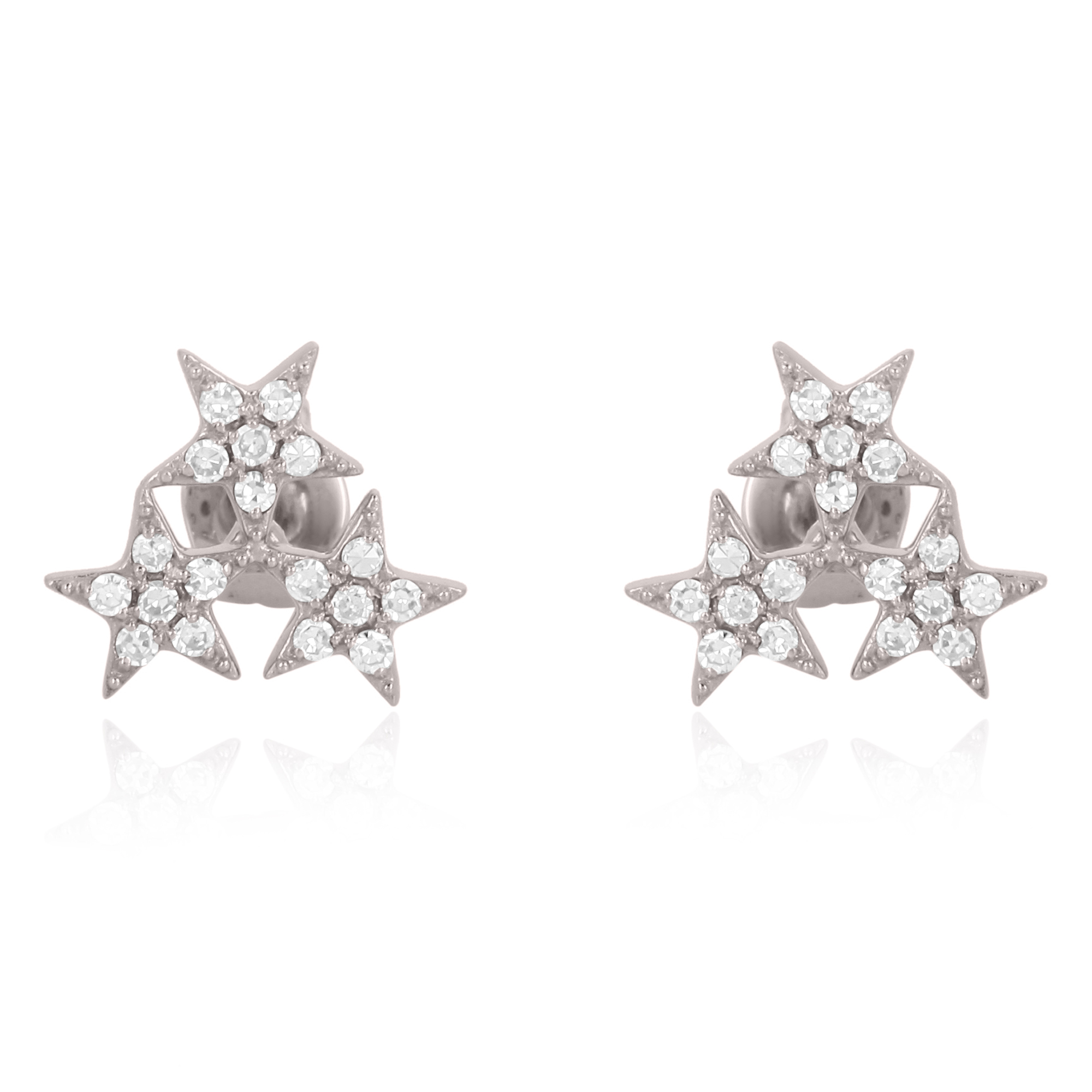 Sterling Silver Pave Diamond Triple Star Studs