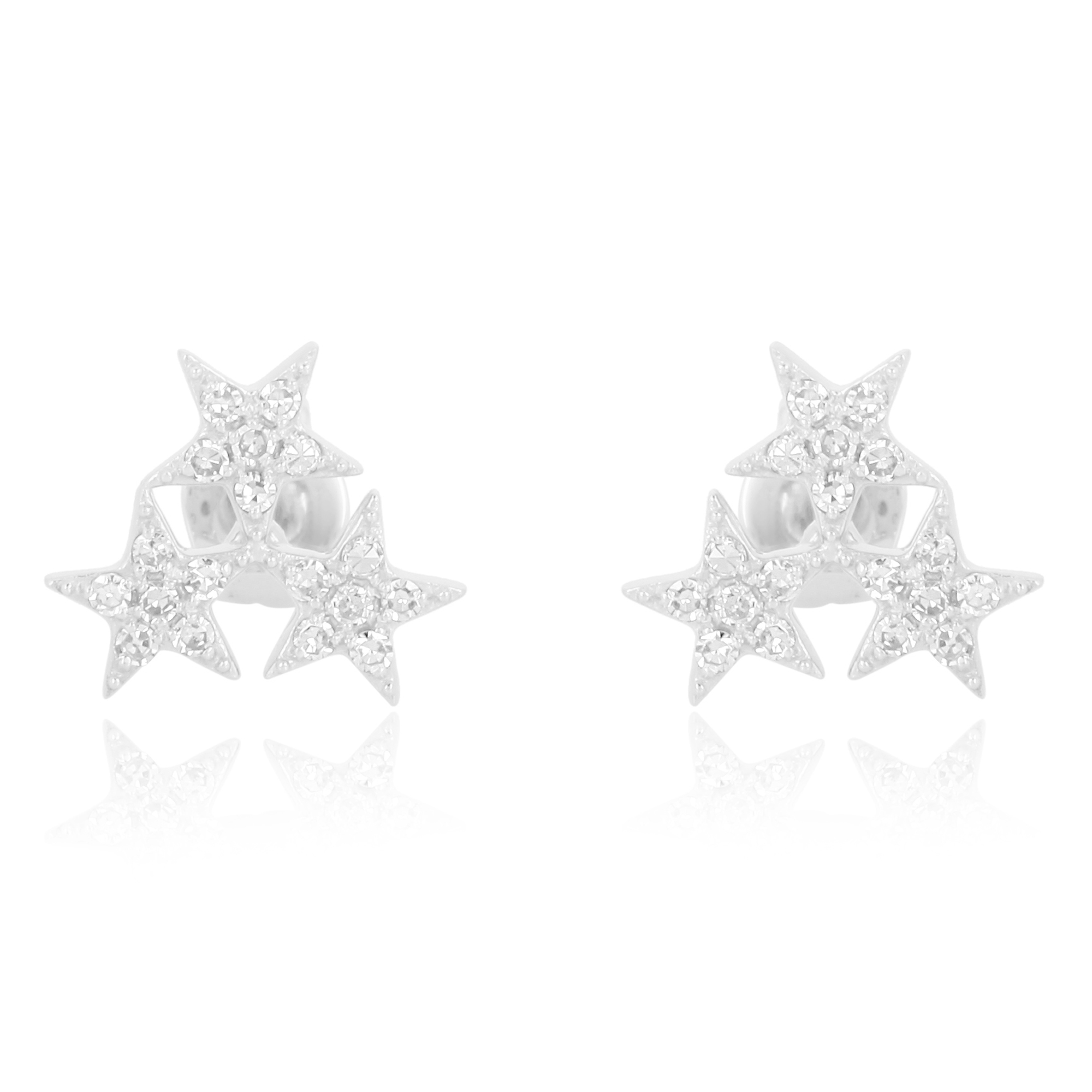 Sterling Silver Pave Diamond Triple Star Studs
