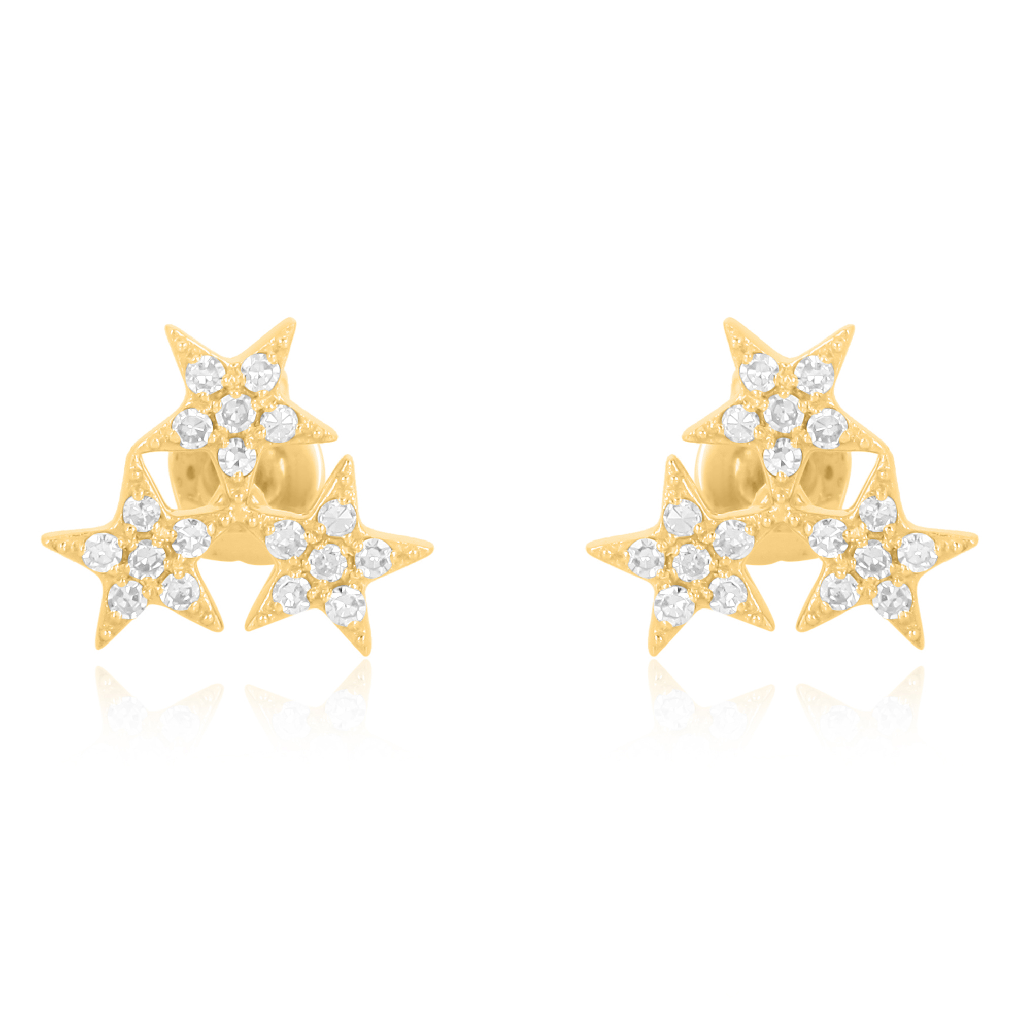 Yellow Gold Pave Diamond Triple Star Studs