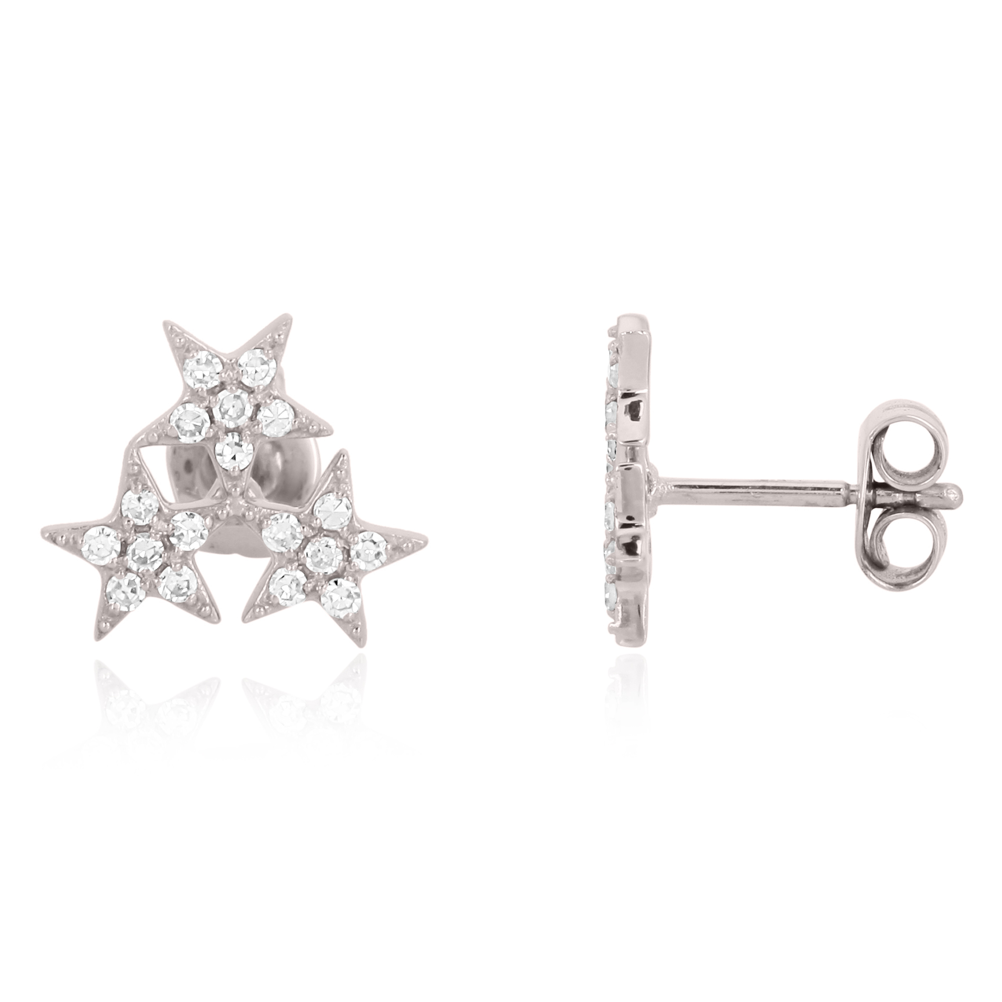 Sterling Silver Pave Diamond Triple Star Studs
