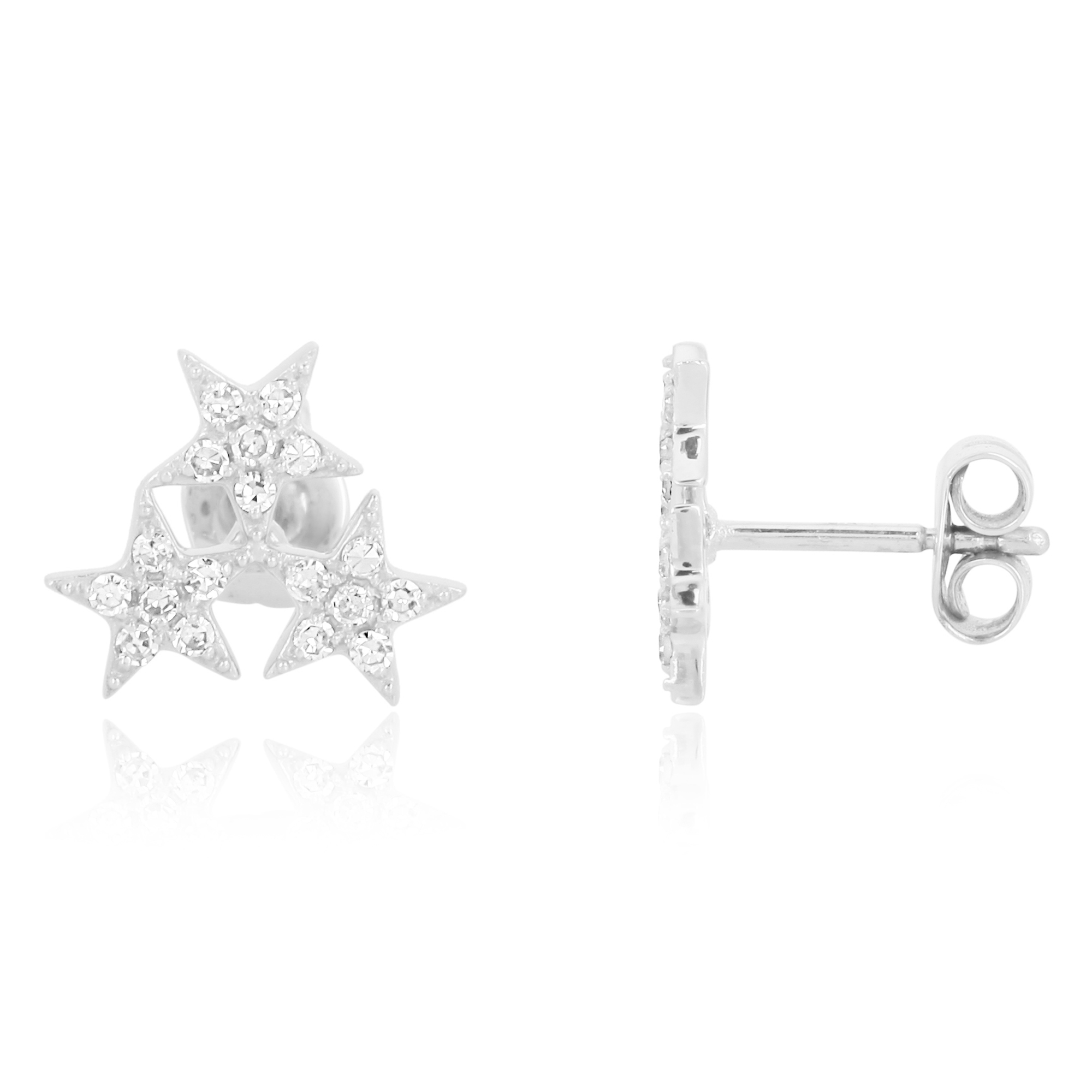 Sterling Silver Pave Diamond Triple Star Studs